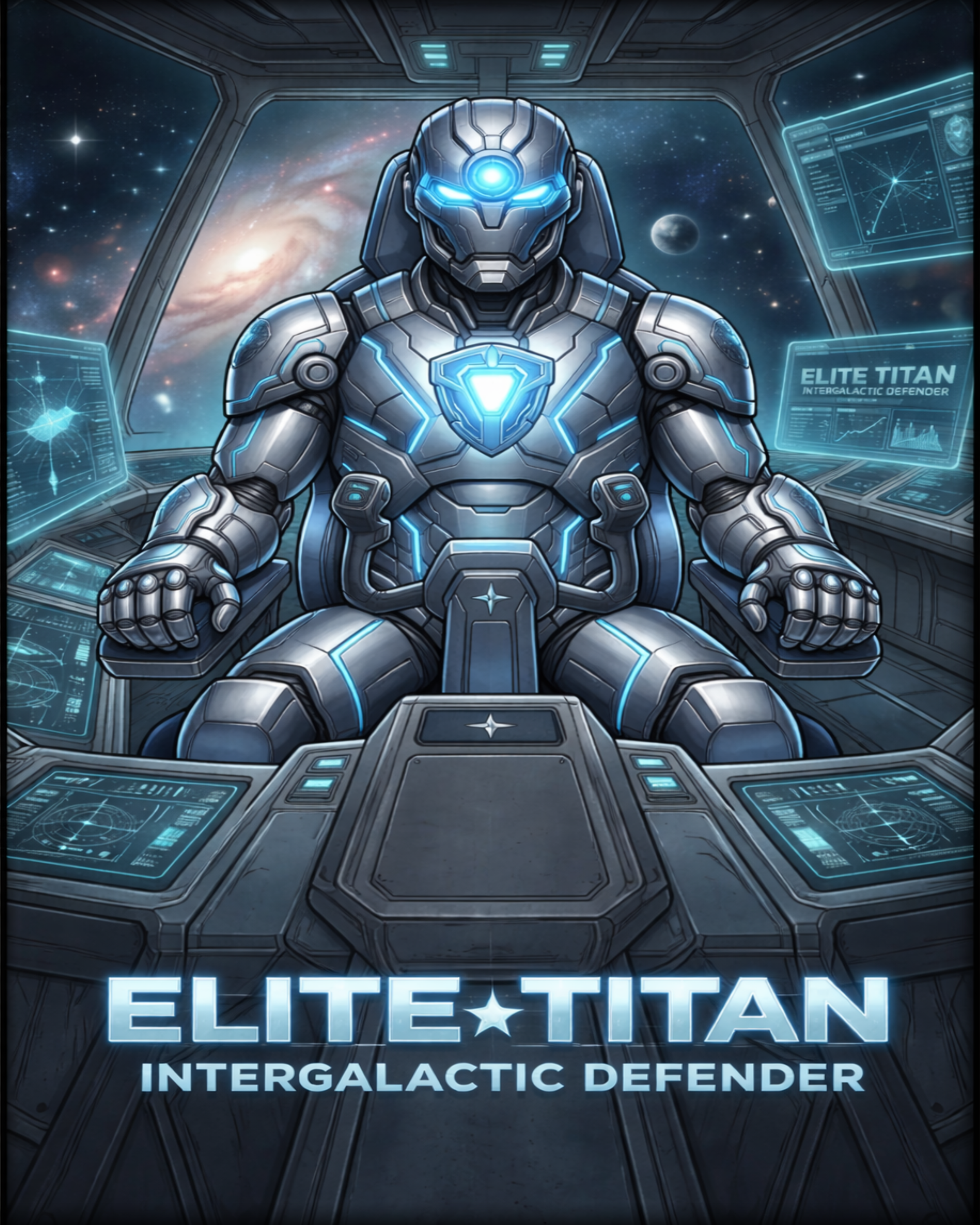 ELITE TITAN // INTERGALACTIC DEFENDER PILOT IN COCKPIT, SILVER ARMOR WITH GLOWING CYAN PANELS, TECH CONTROL CONSOLE, CINEMATIC GALAXY BACKGROUND.