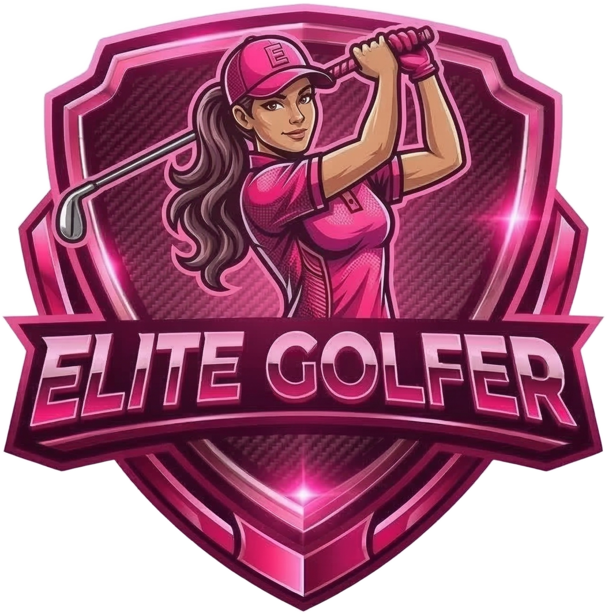 HUGE ELITE GOLFER female logo with metallic shield, hot pink and silver neon female golfer mid-swing, bold ELITE GOLFER lettering, carbon-fiber texture, premium global lifestyle branding, high-contrast black background