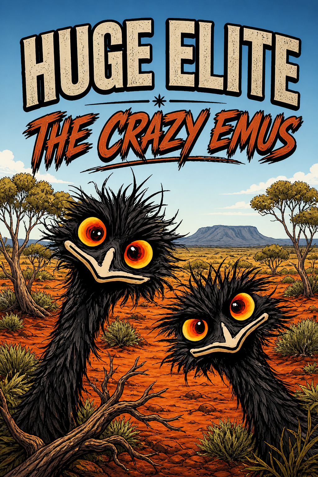 huge elite crazy emus, comic shaggy emu illustration, orange eyes outback bird, red dust desert landscape, premium aussie streetwear, huge elite branding, outback apparel collection