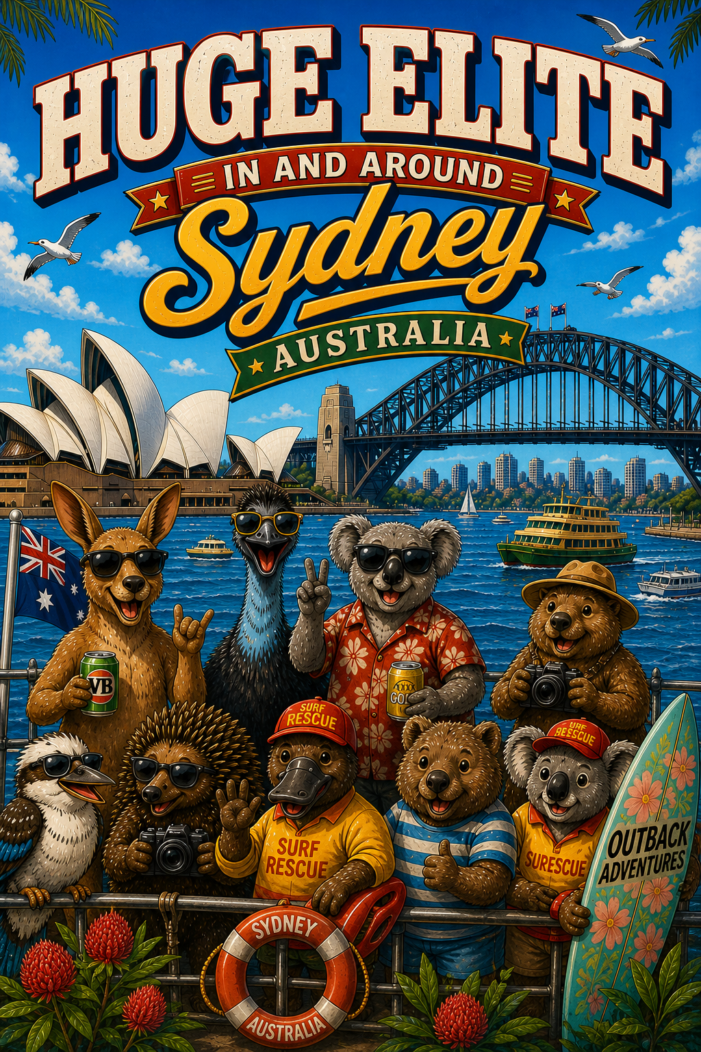 huge elite in and around sydney banner, comic aussie animals at circular quay, sydney opera house harbour bridge background, koala kangaroo emu wombat tourists, manly ferry and bondi beach sign, premium industrial lifestyle branding,