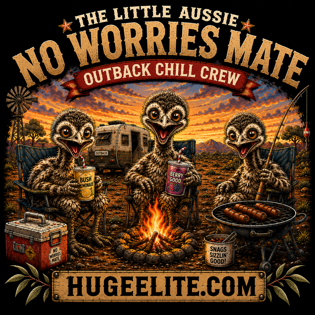 Little Aussie Outback No Worries logo, smiling baby emu characters in sunglasses, rusty 4WD outback pub logo, vintage illustration style, Huge Elite apparel branding, relaxed juvenile emus, mud-splattered off-road scene,