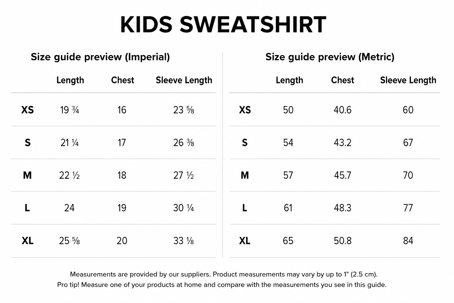 Size guide for kids sweatshirt clothing in imperial and metric measurements, listing sizes XS to XL with corresponding garment dimensions.