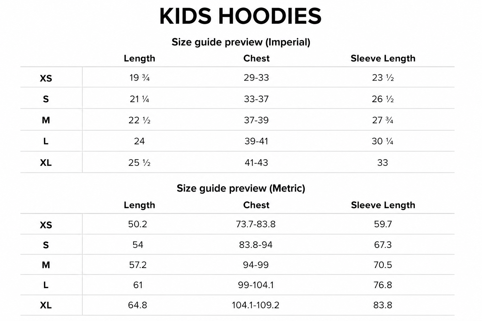Size chart for kids' hoodies showing measurements for sizes XS to XL in both imperial and metric units, including length, chest, and sleeve length.