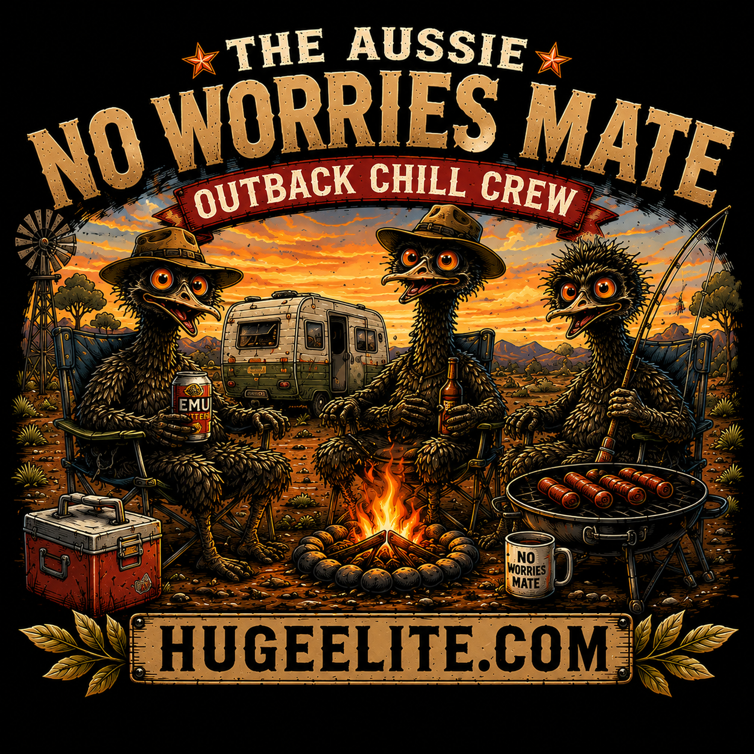Aussie Outback No Worries logo, smiling emu characters in a rusty 4WD, Outback Pub background, vintage illustration style, Huge Elite apparel branding, relaxed emus with sunglasses, mud-splattered off-road scene, unisex lifestyle apparel.
