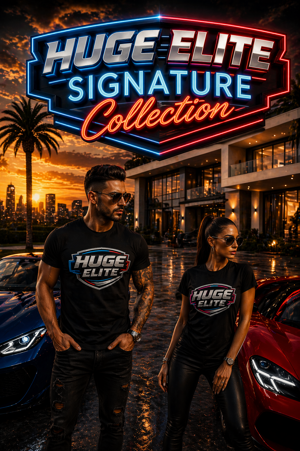 A man and woman wearing matching 'HUGE ELITE' t-shirts standing in front of luxury cars during sunset with neon sign reading 'HUGE ELITE SIGNATURE Collection' in the background.
