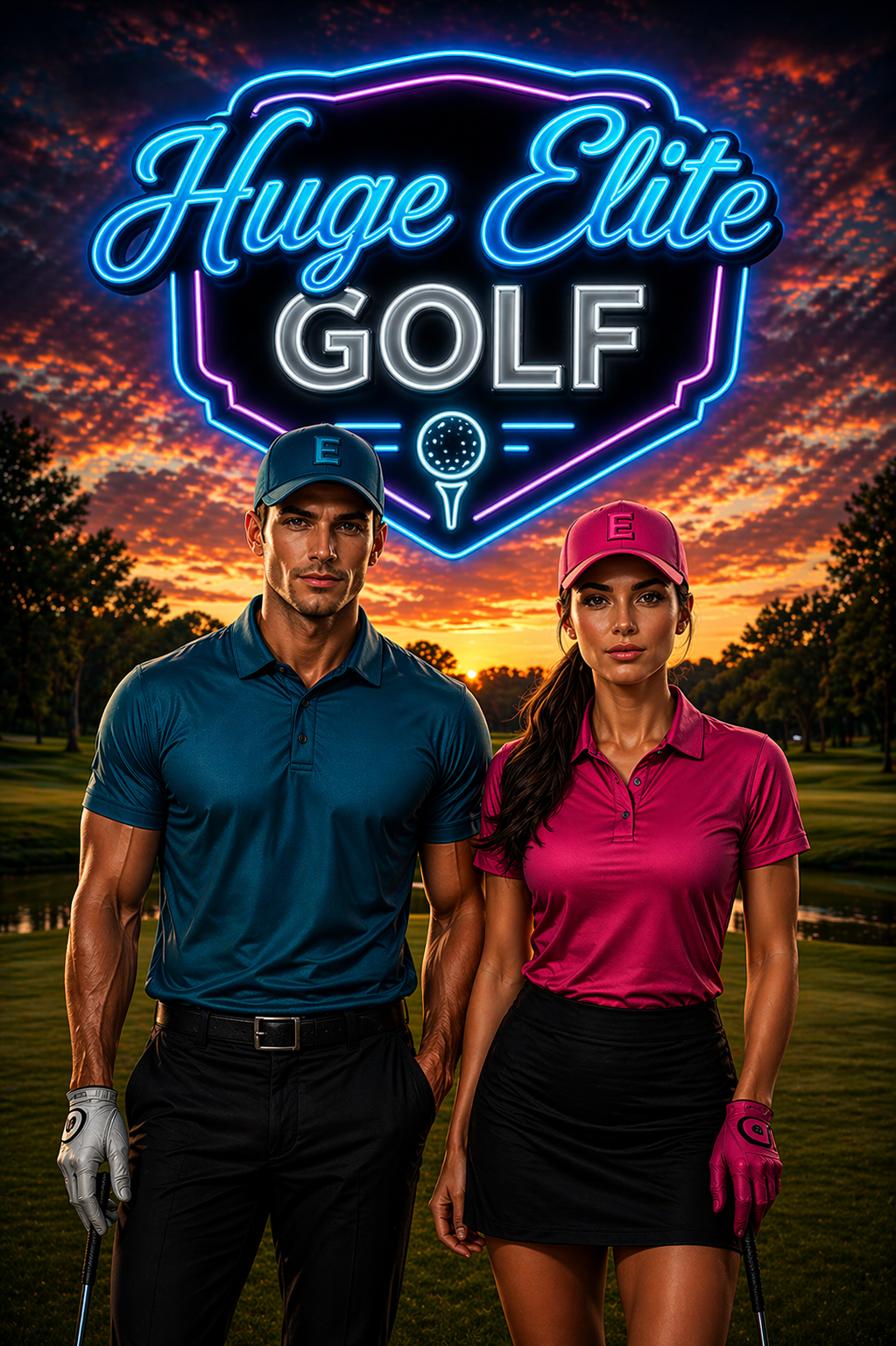 Huge Elite Golf landing page, male and female models in teal and magenta golf polos, neon "Huge Elite Golf" sign, sunset golf course setting, premium athletic apparel branding