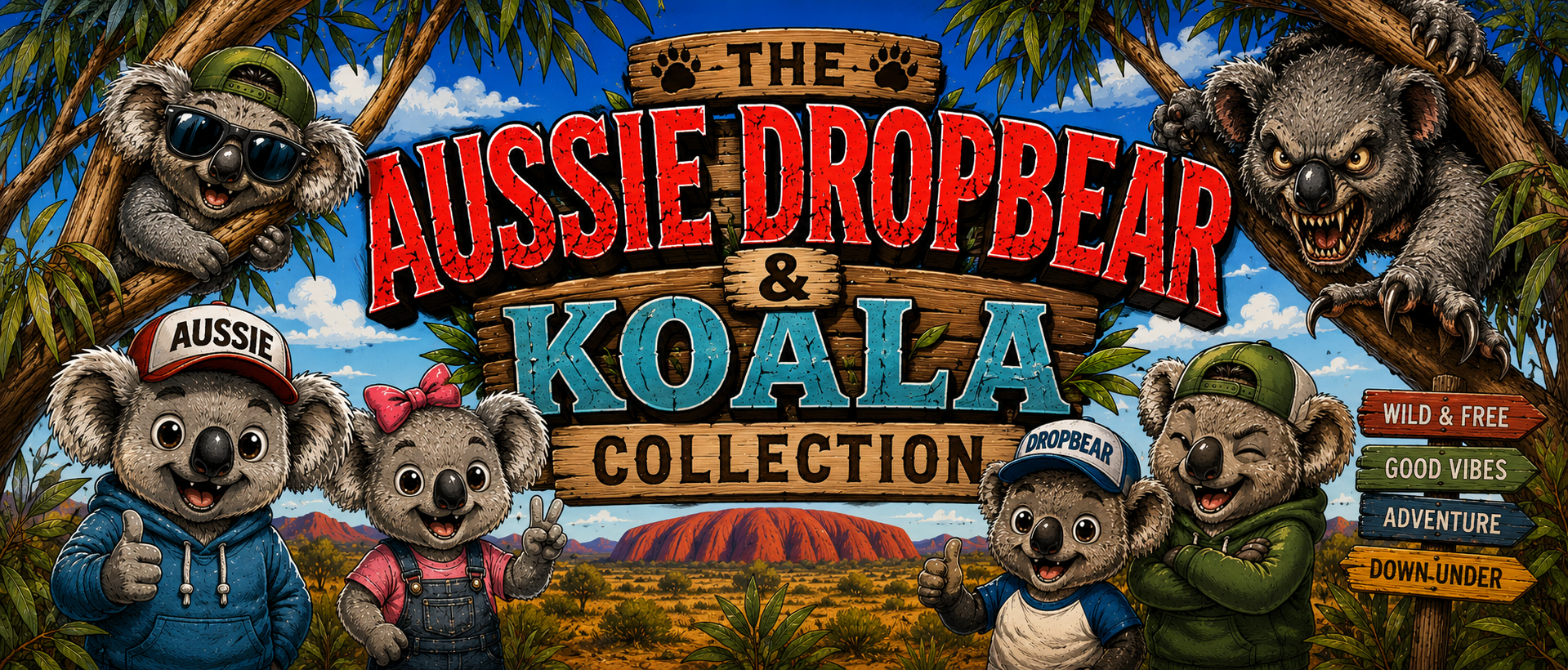 A panoramic banner for the Aussie Dropbear and Koala collection featuring cute koala characters and a fierce dropbear in a gum tree with Uluru in the background.