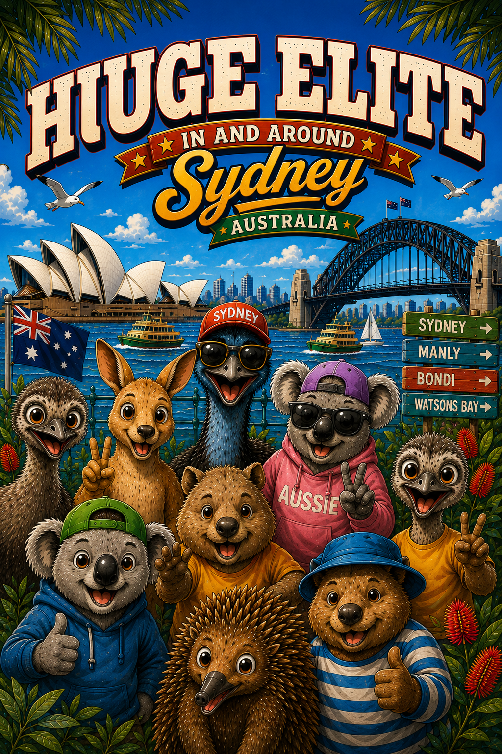 A vibrant vertical banner showing the Elite animal crew dressed in hoodies and sunglasses in front of Sydney Harbour, featuring the Opera House, Harbour Bridge, and beach destination signposts.