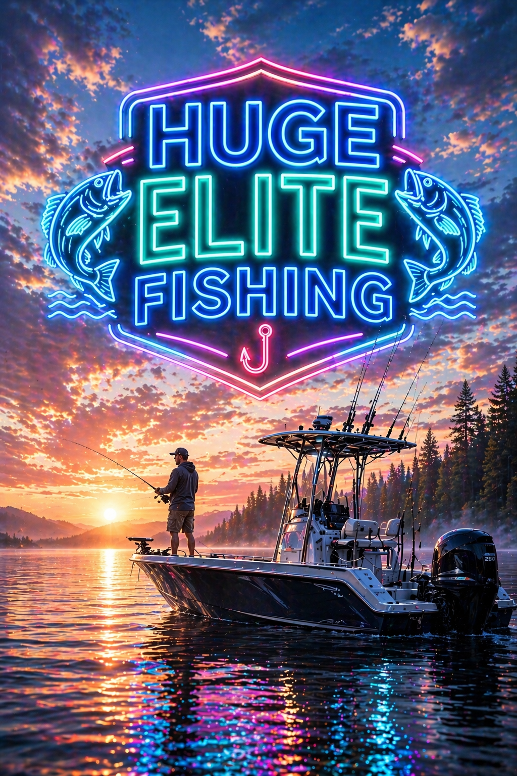 Elite Fishing collection, Huge Elite angler apparel, neon fishing logo, man in boat fishing, premium fishing t-shirt design, metallic shield logo, high-end fishing gear, urban fishing fashion, dark background photography.
