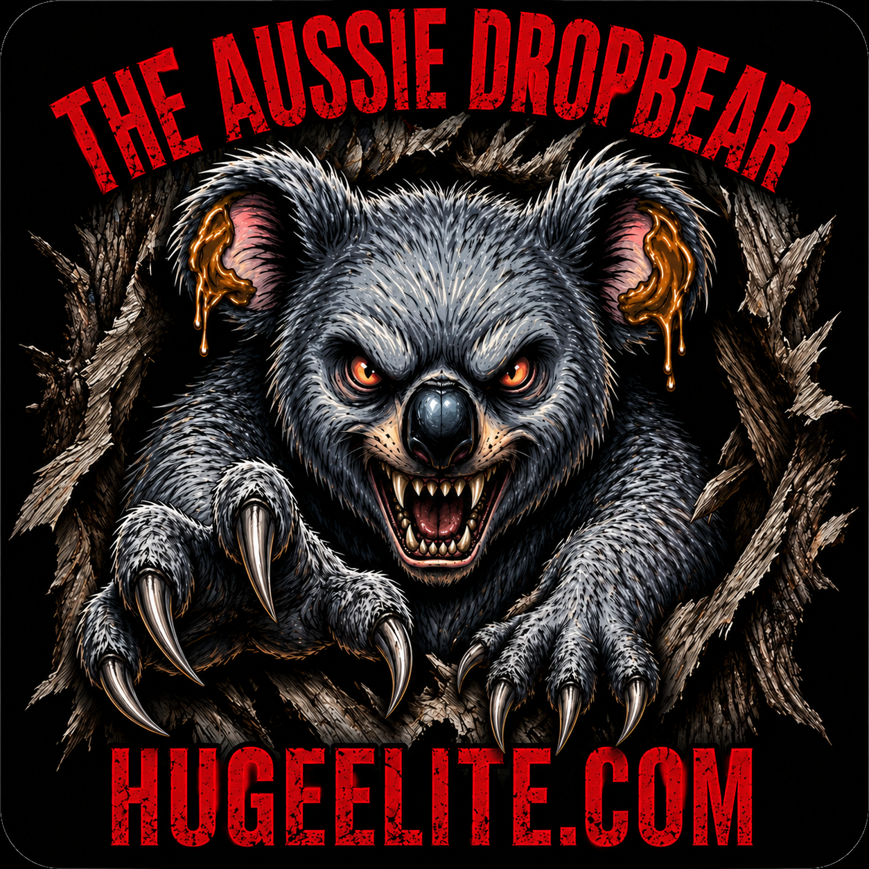 A high-impact graphic of a fierce, sharp-toothed "Aussie Dropbear" with long metallic claws bursting through a jagged tree trunk, featuring bold red "Huge Elite" branding on a solid black background.