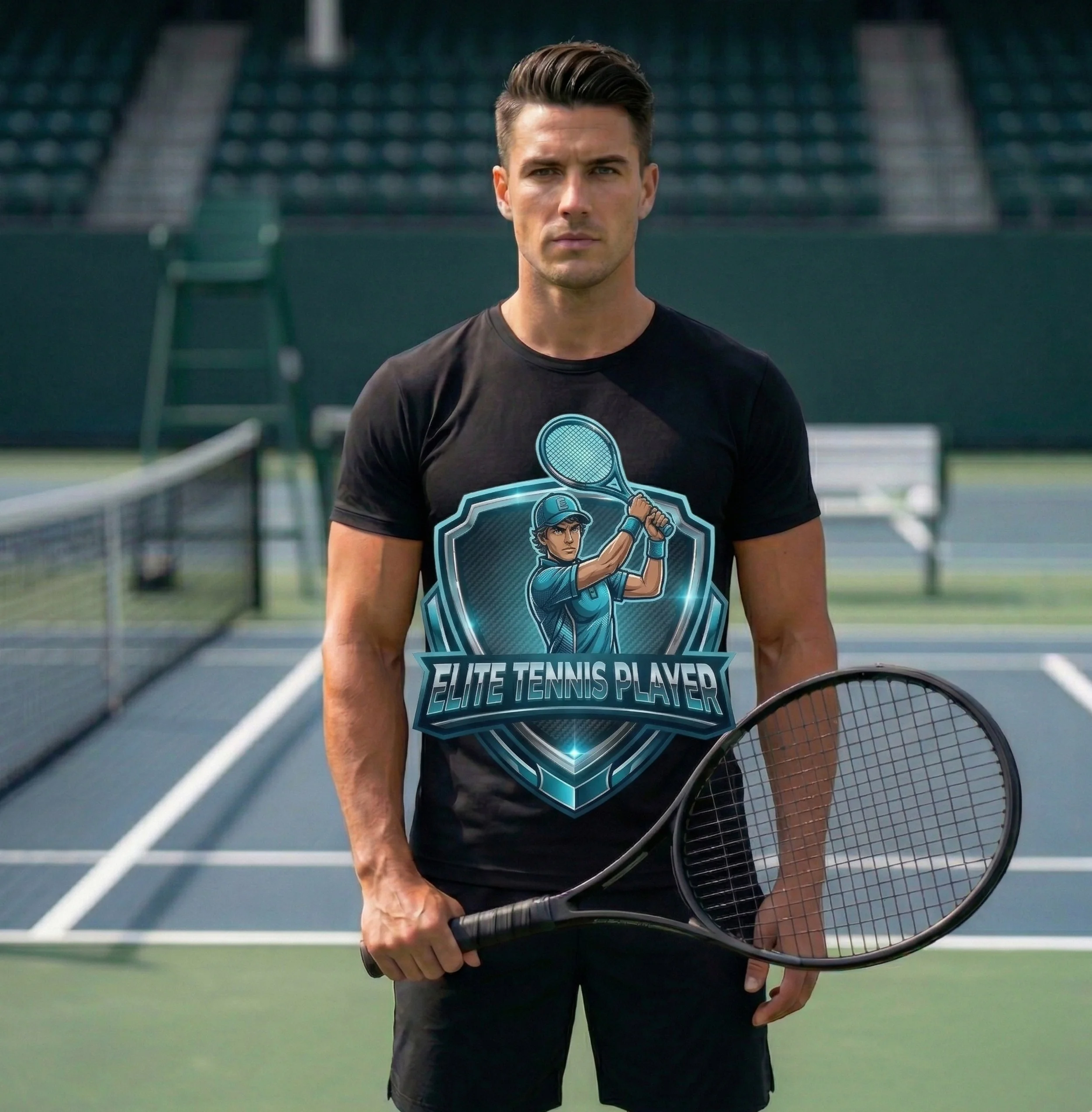 HUGE ELITE TENNIS player in premium black shirt with cyan-blue metallic logo, standing on tennis court holding racket, high-contrast urban athletic aesthetic, elite sports apparel lifestyle.