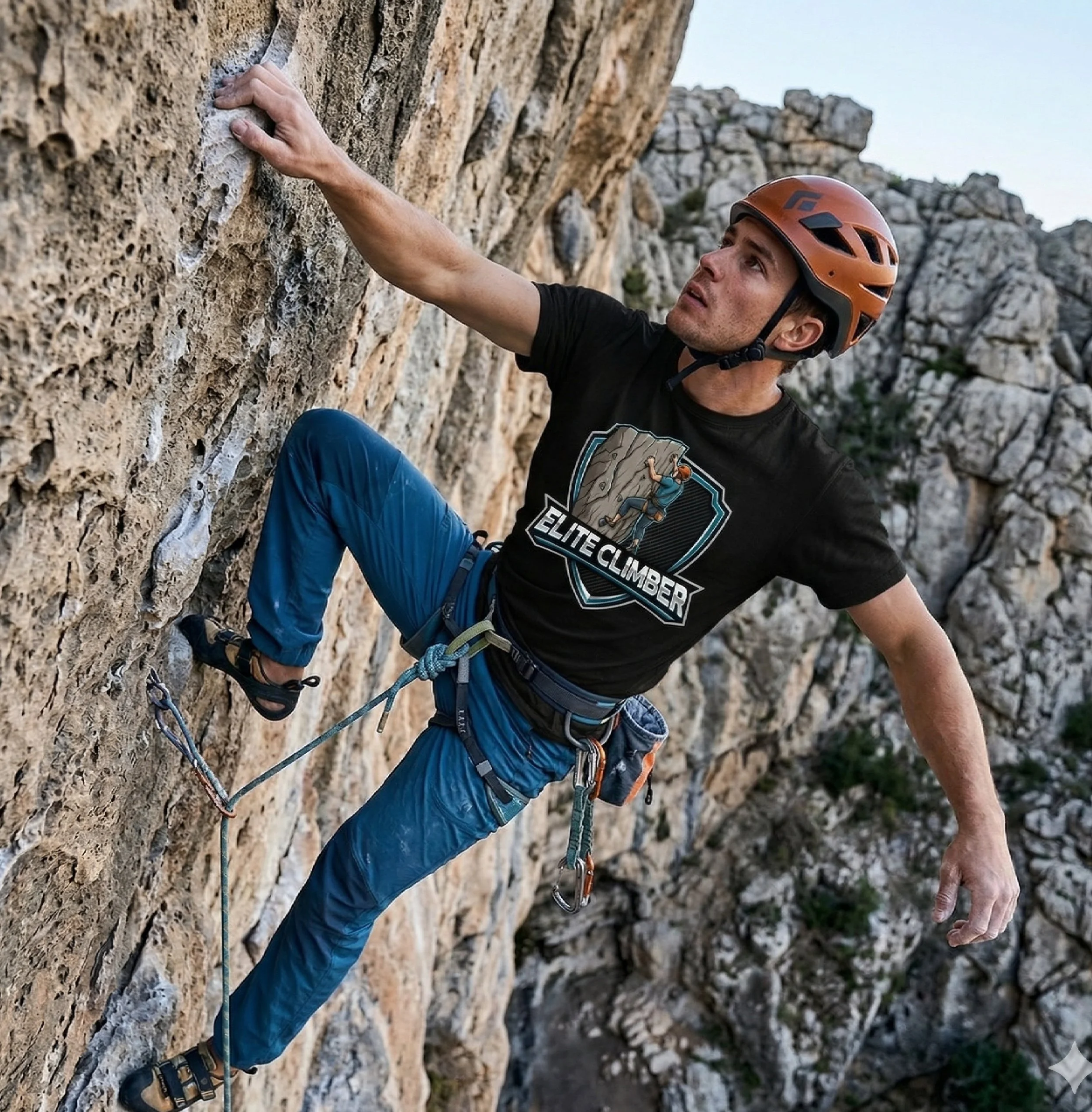 A man rock climbing on a rocky cliff wearing a helmet and climbing gear, reaching for handholds on the rock face.