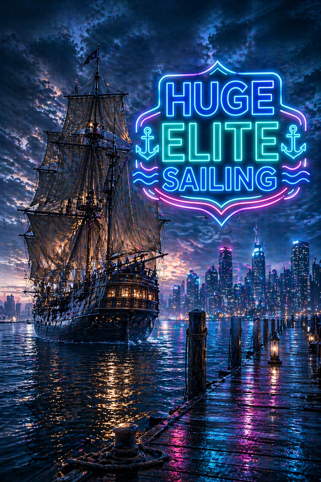 Elite Sailing collection, Huge Elite nautical apparel, classic tall ship neon logo, silver and cyan marine logo, premium sailing t-shirt design, metallic shield, luxury yachting fashion, dark background product photography.