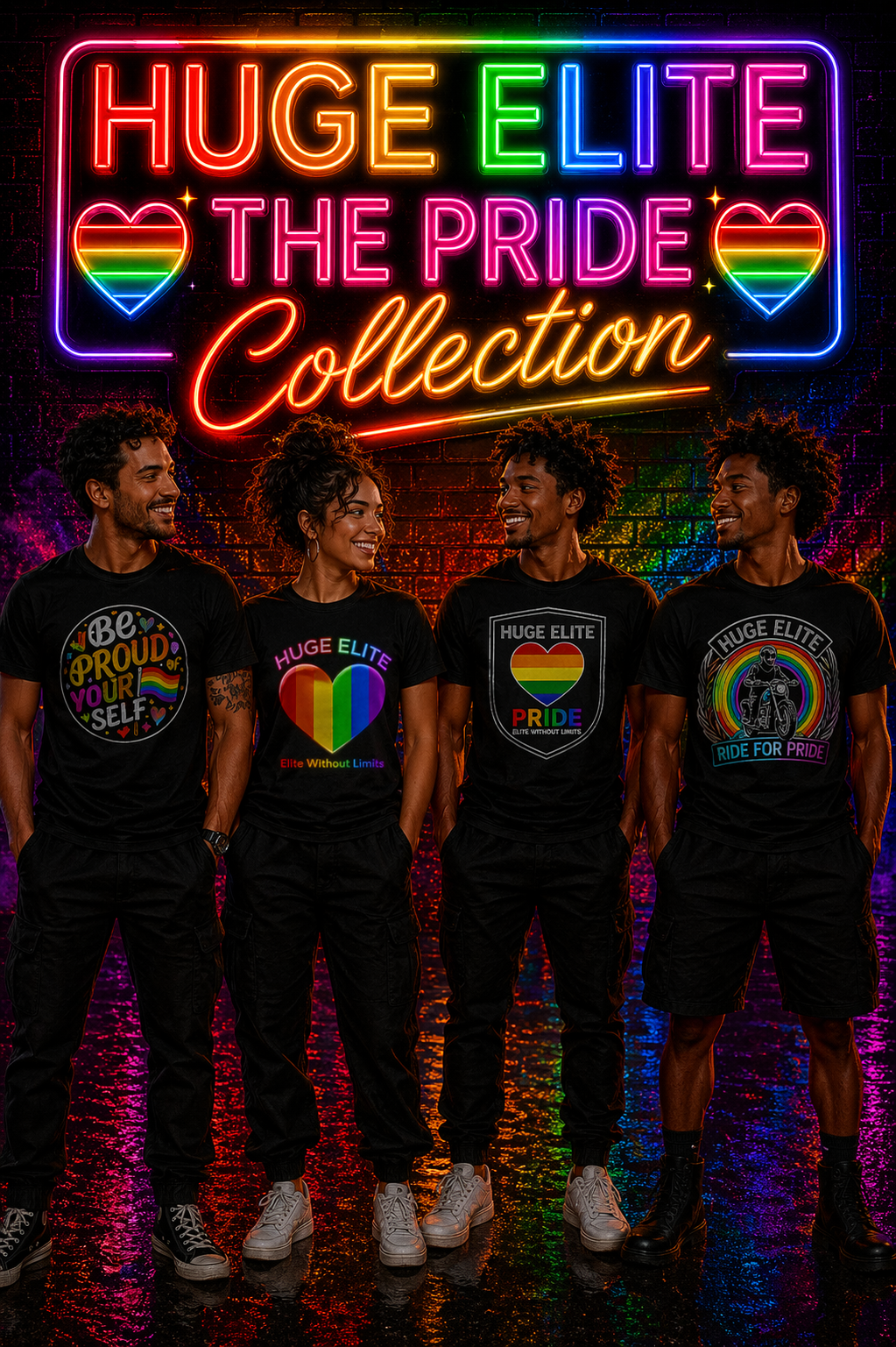 ELITE PRIDE // MODELS IN BRANDED T-SHIRTS, NEON "HUGE ELITE THE PRIDE COLLECTION" SIGN ON BRICK WALL, VIBRANT RAINBOW GLOW, WIDESCREEN BANNER.