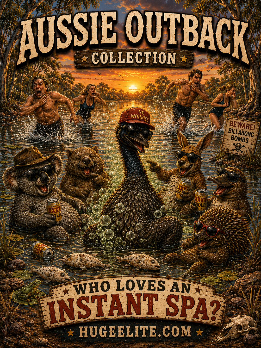 Huge Elite Aussie Outback Instant Spa logo, cool Australian animals relaxing in a rustic water tank, kangaroo and emu with sunglasses and drinks, red dust landscape background, kids bush squad vacation design.