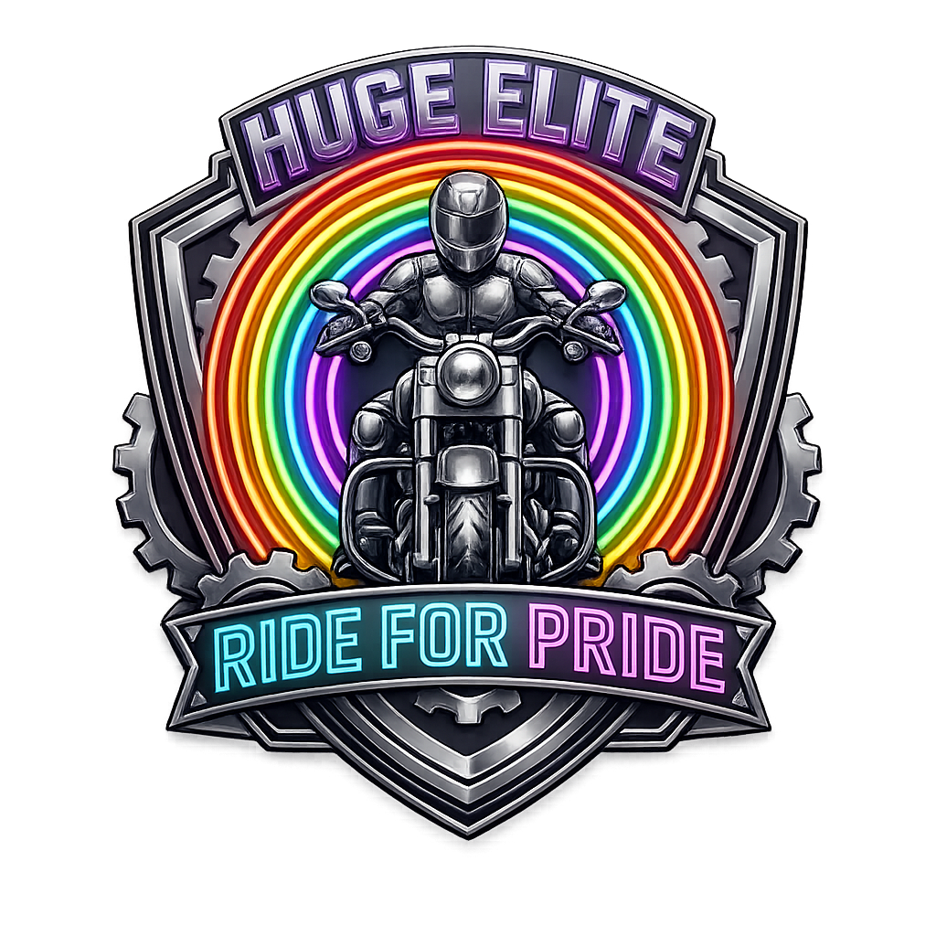 ELITE RIDE FOR PRIDE // METALLIC SHIELD LOGO, MOTORBIKE RIDER FACING FORWARD, NEON RAINBOW CONCENTRIC CIRCLES, "HUGE ELITE" AND "RIDE FOR PRIDE" TEXT, DARK BACKGROUND.