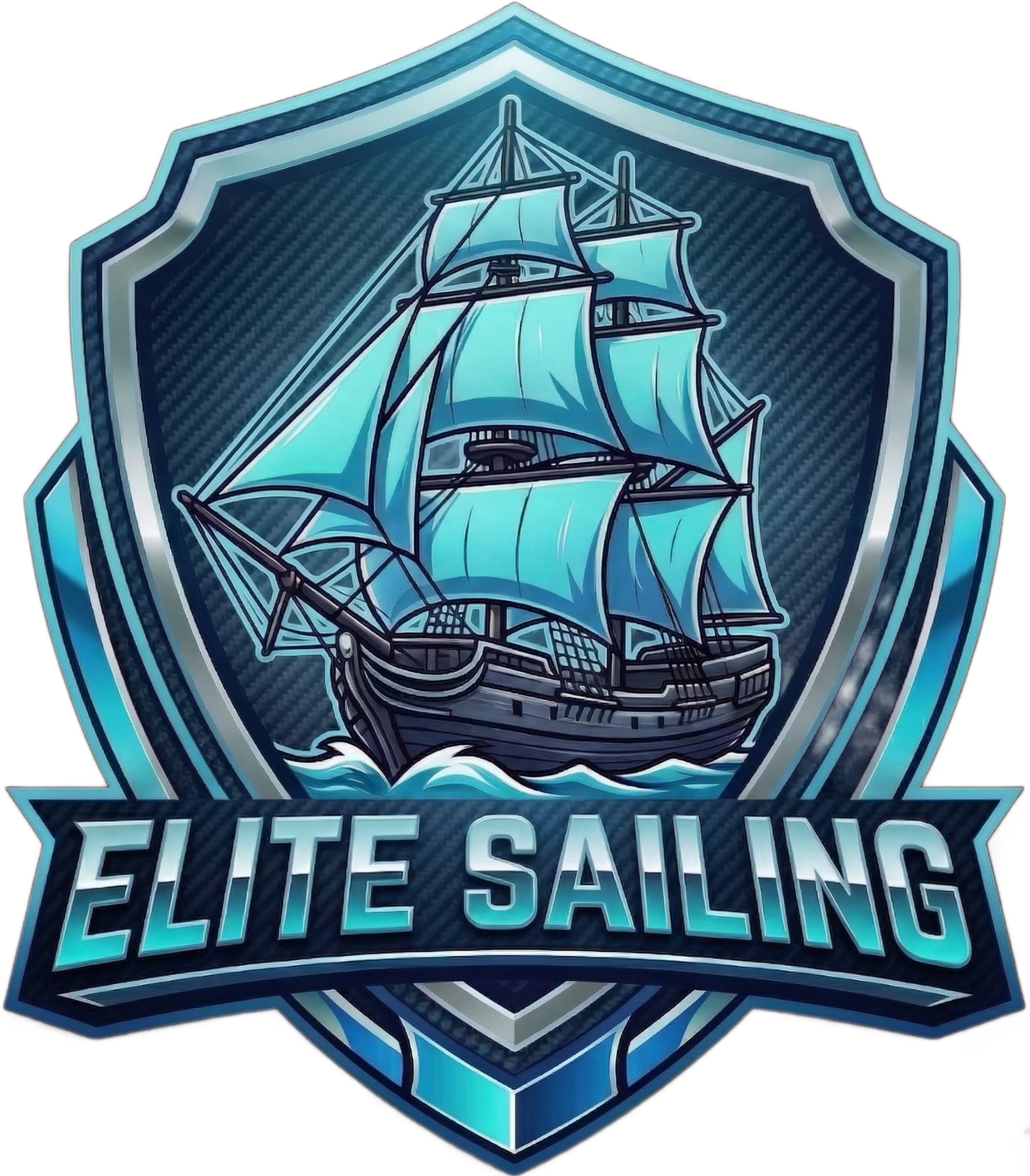 Elite Sailing nautical logo, silver metallic shield with carbon fiber texture, tall ship with cyan-blue sails, silver and cyan 3D typography, sharp metallic borders, professional maritime branding, symmetrical nautical emblem on solid black.