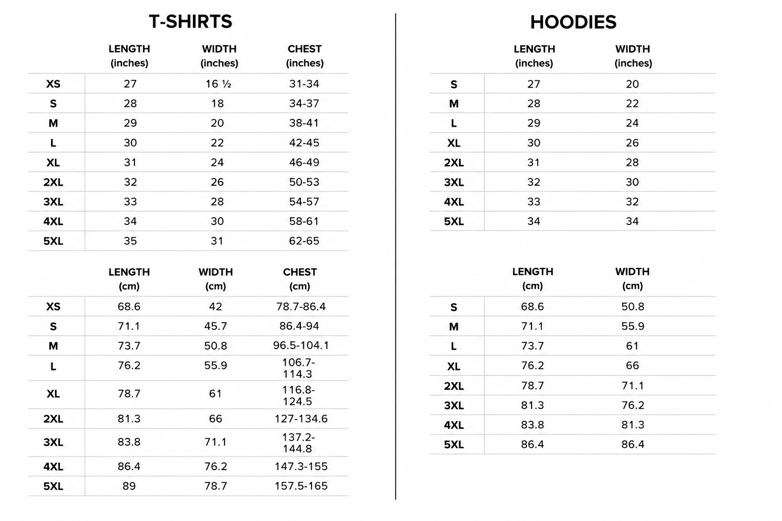 Size chart for T-shirts and hoodies, listing measurements in inches and centimeters for various sizes from XS to 5XL.
