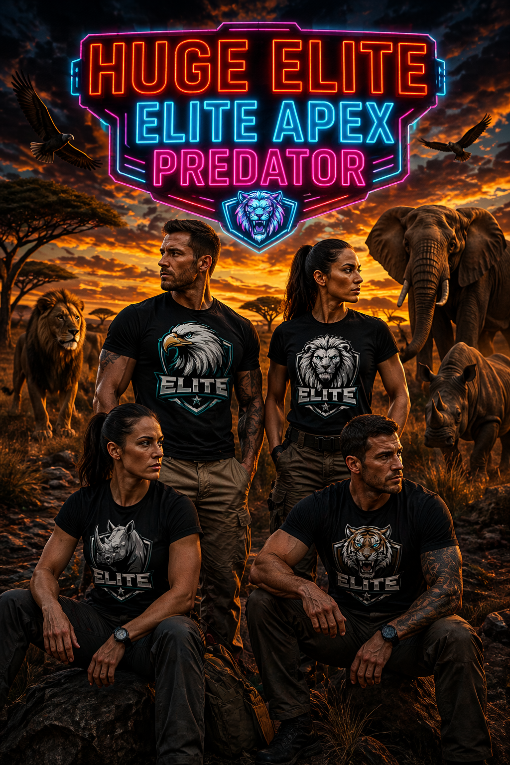 Four individuals in black T-shirts with animal logos and the word "Elite" pose in a savannah landscape at sunset. There are lions, elephants, rhinos, and birds in the background, with a neon sign reading "Huge Elite Elite Apex Predator" above them.