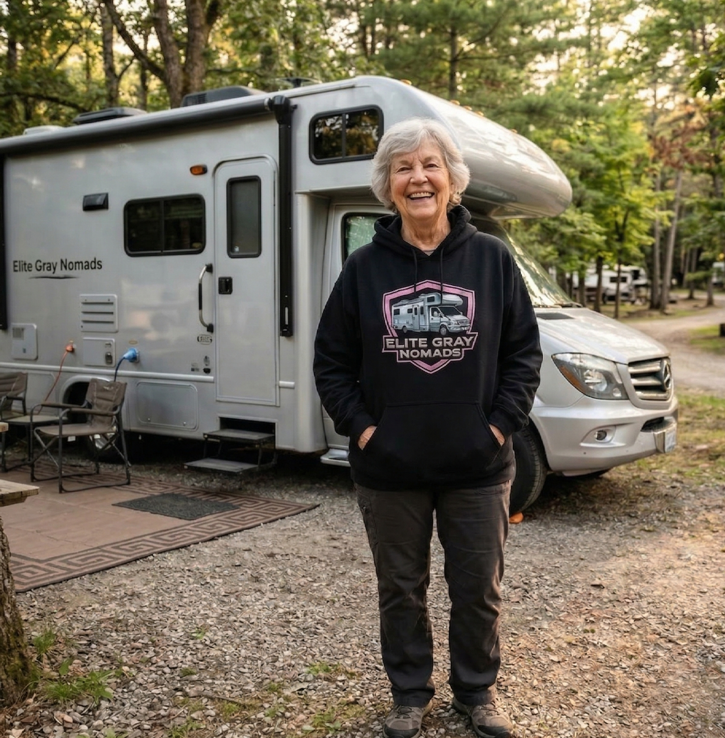 An elderly woman with gray hair smiling, wearing a black hoodie with a graphic of an RV and the text 'Elite Gray Nomads,' standing outdoors in front of a white recreational vehicle with trees in the background.