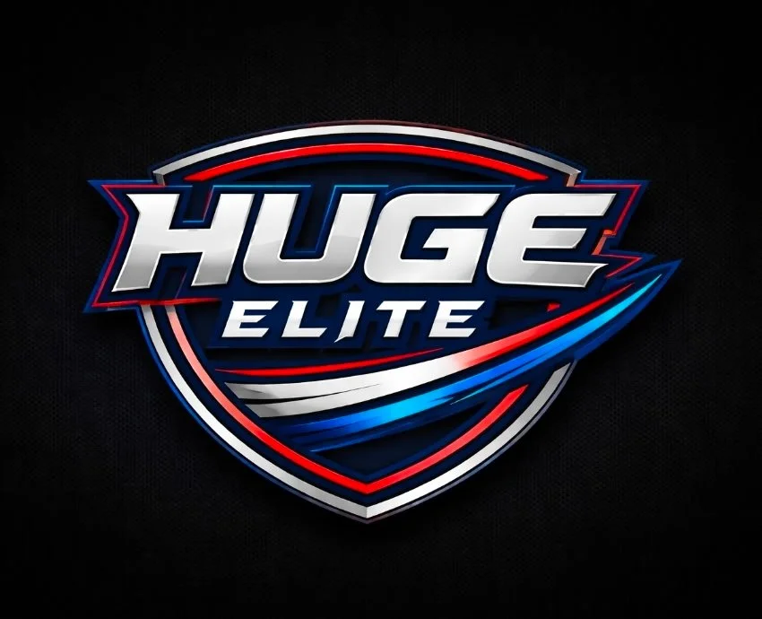 Logo for Huge Elite with a shield design in red, blue, and white colors on a black background.