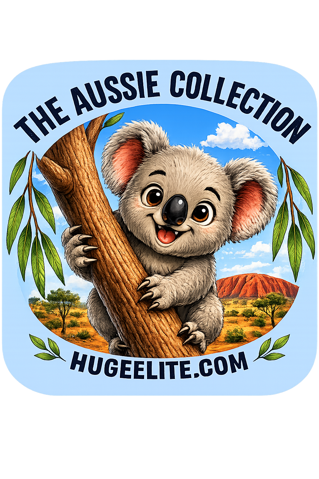 Colorful illustration of a cute koala hugging a tree branch with the background of an Australian landscape and blue sky, featuring text that reads 'The Aussie Collection' and 'hugeelite.com'.