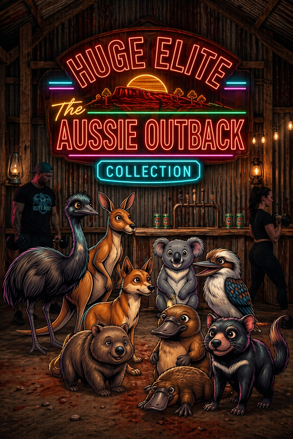 Colorful neon sign for the 'Huge Elite The Aussie Outback Collection' hangs above a rustic bar inside a barn-like setting. In front, animated Australian animals including a koala, kangaroo, emu, wombat, dingo, and platypus.