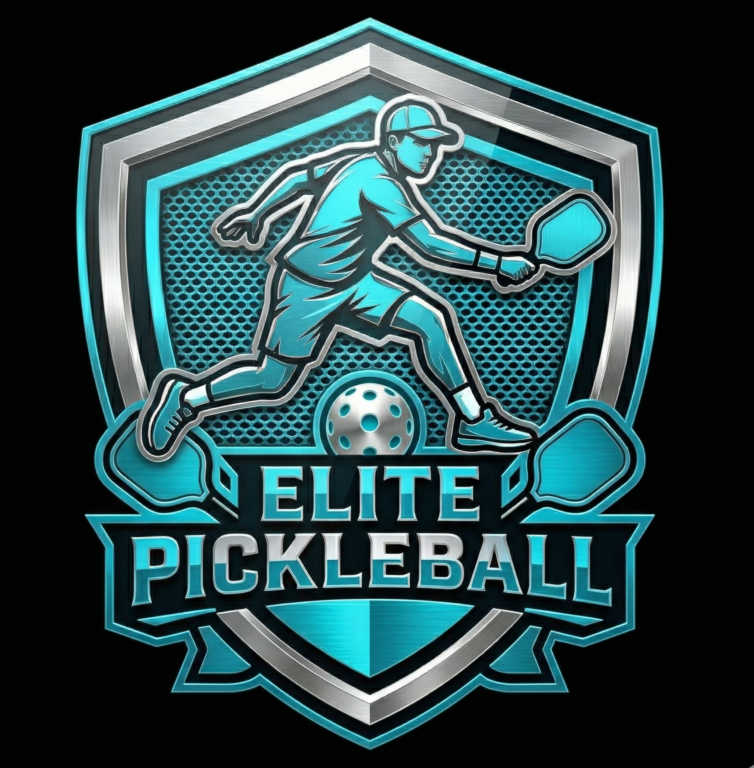ELITE PICKLEBALL // MALE PLAYER NEON LOGO, CYAN AND SILVER METALLIC SHIELD, SOLID BLACK BACKGROUND.
