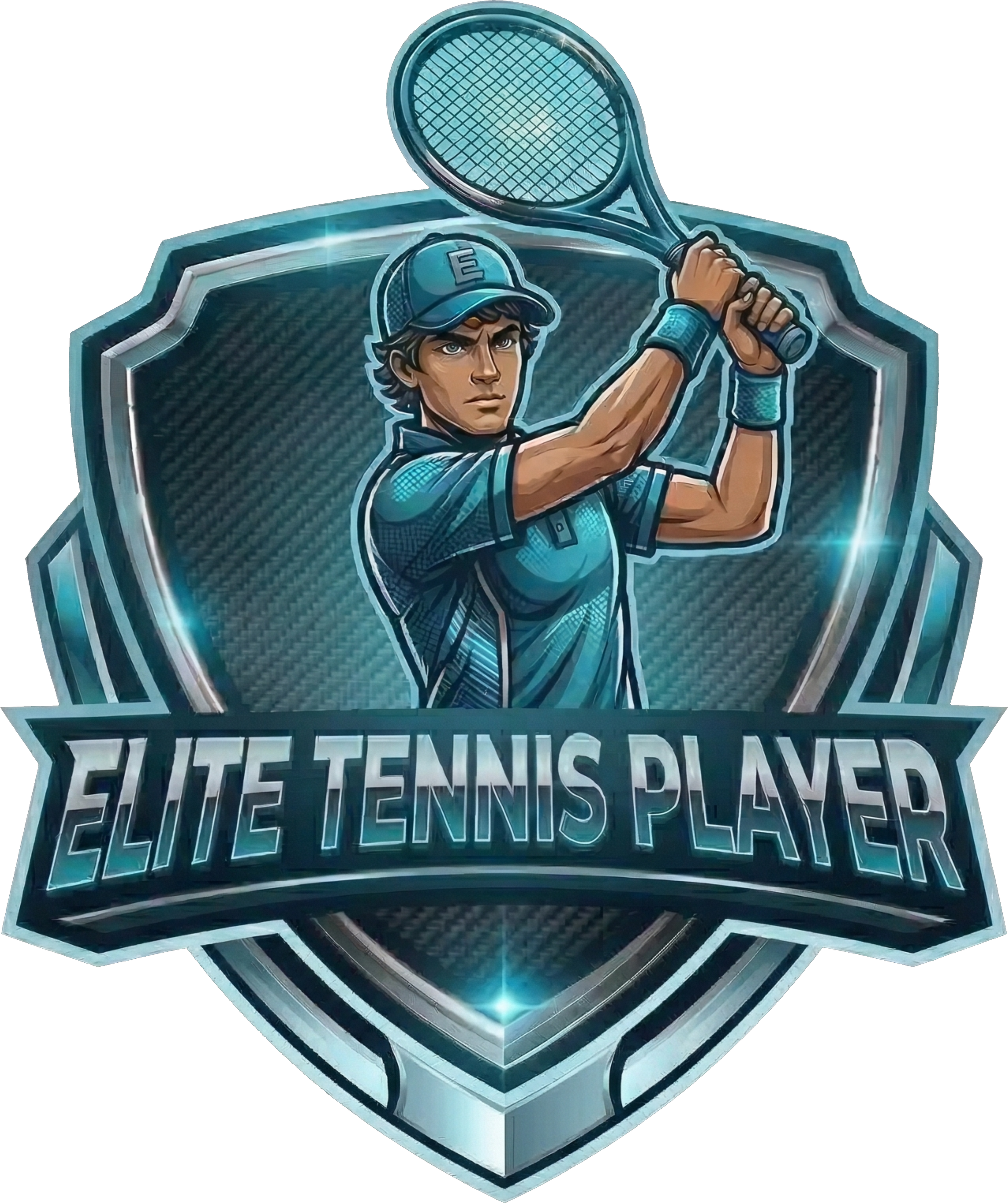 HUGE ELITE TENNIS PLAYER logo, male player in cyan-blue/silver neon shield with text, high-contrast premium sportswear branding on black.