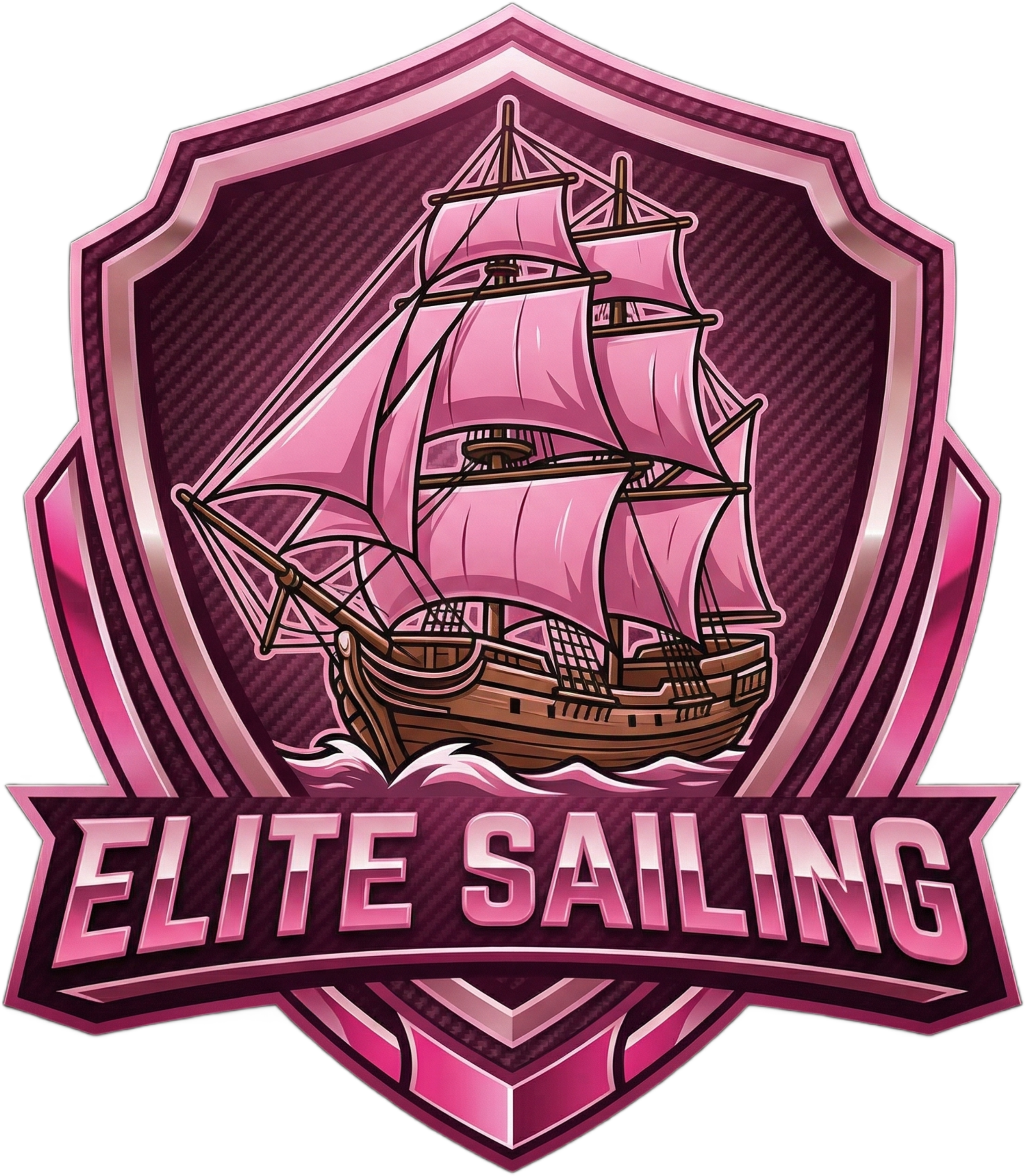 Elite Sailing logo, luxury yacht illustration, hot pink neon lighting, metallic silver shield, women's nautical branding, pink sail accents, sailboat silhouette, premium sailing apparel, feminine elite sailing shield, carbon fiber texture.