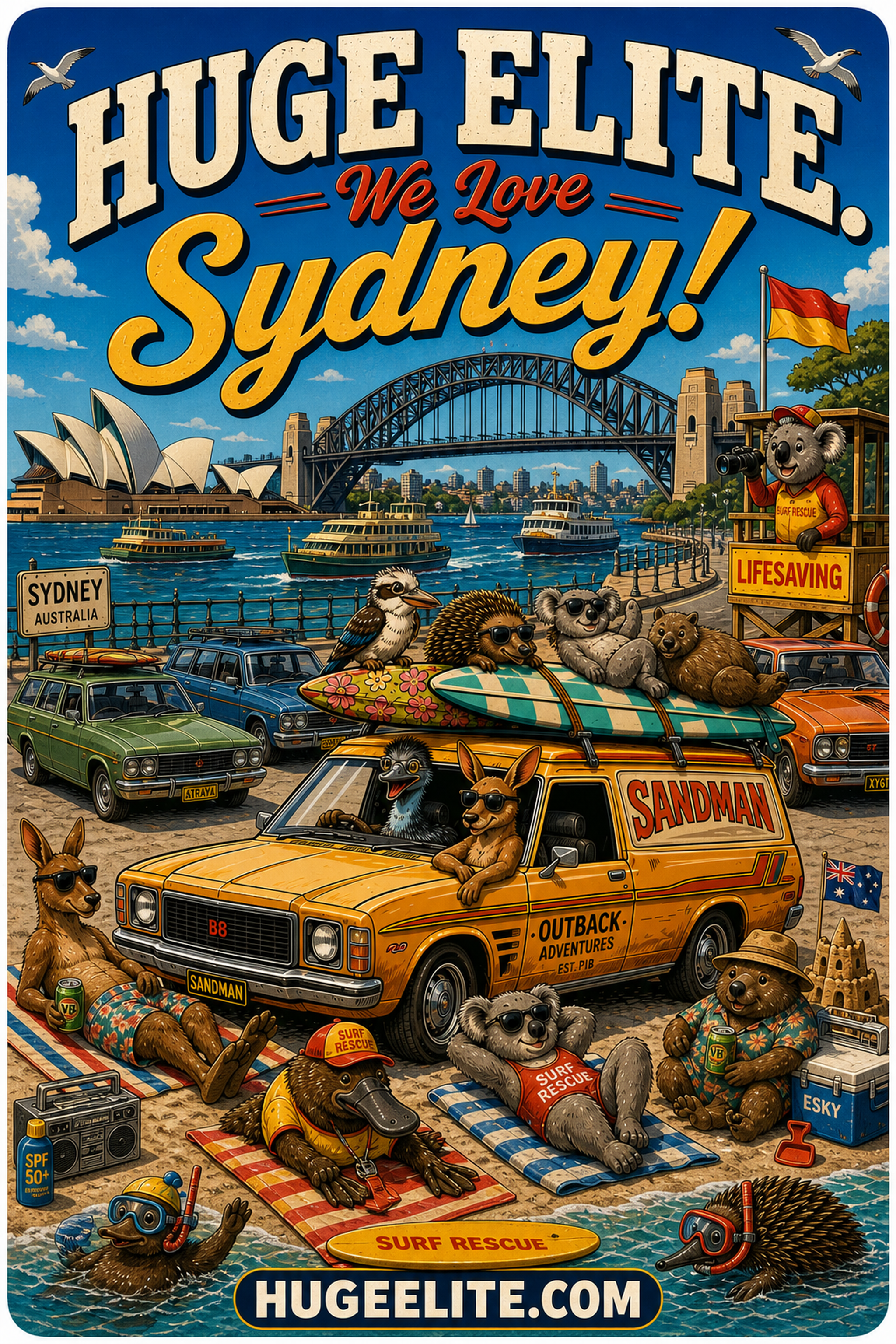 huge elite we love sydney banner, sydney harbour bridge and opera house, comic aussie animals at circular quay, sandman panel van city tour, koala lifeguard tower, kangaroo and emu driving, premium industrial sydney streetwear,