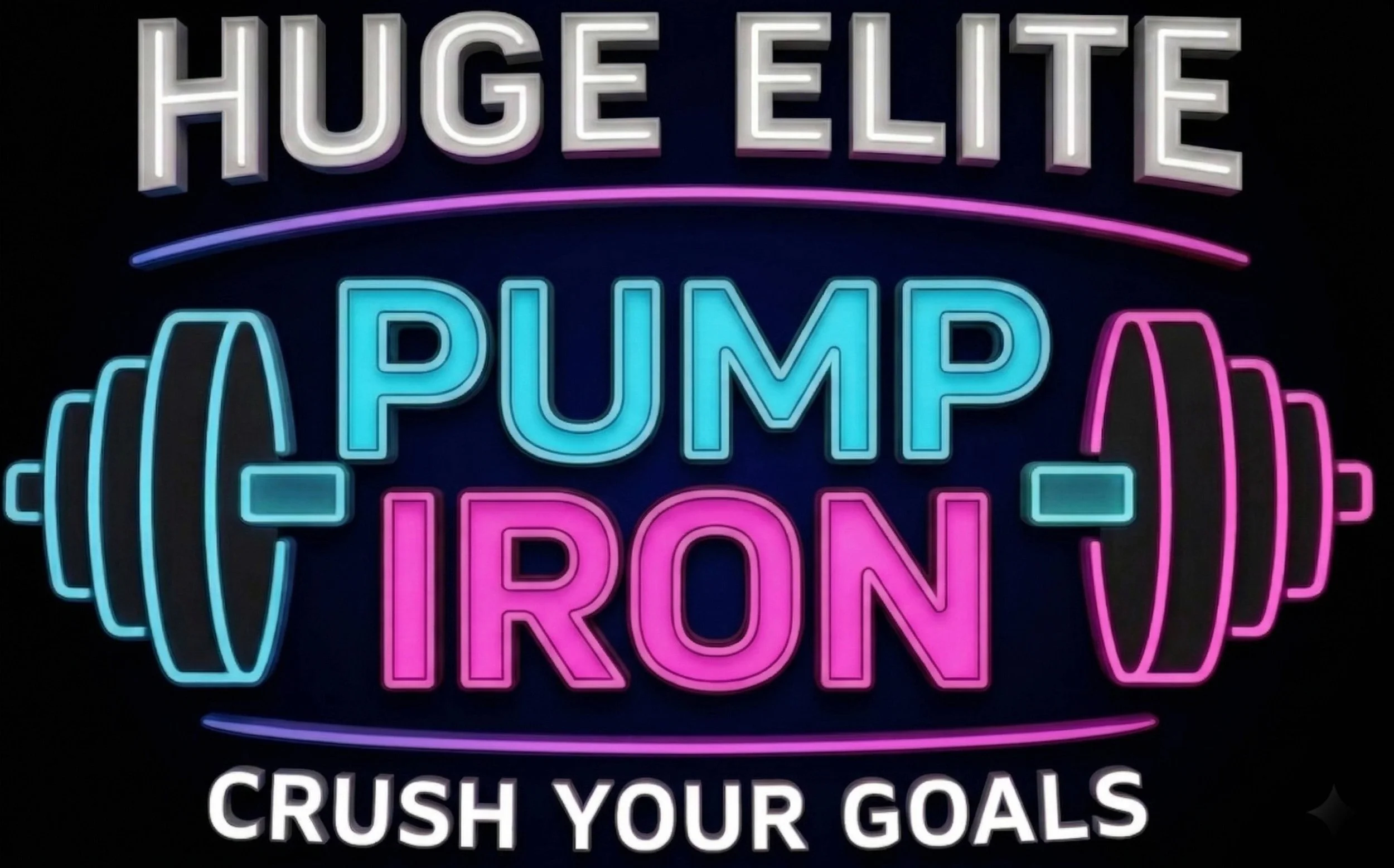 Huge Elite neon sign, Pump Iron text with cyan and pink weights, white glowing Crush Your Goals text, urban fitness neon branding on black background, high-impact gym logo