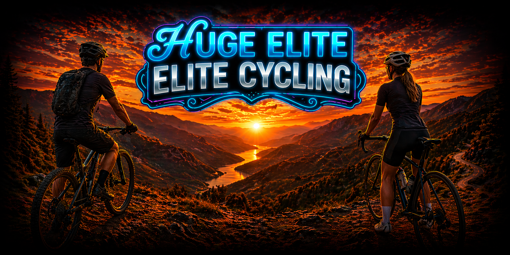 HUGE ELITE CYCLING // MALE MOUNTAIN BIKER AND FEMALE ROAD CYCLIST, NEON LOGO, SCENIC MOUNTAIN VALLEY AT SUNSET.
