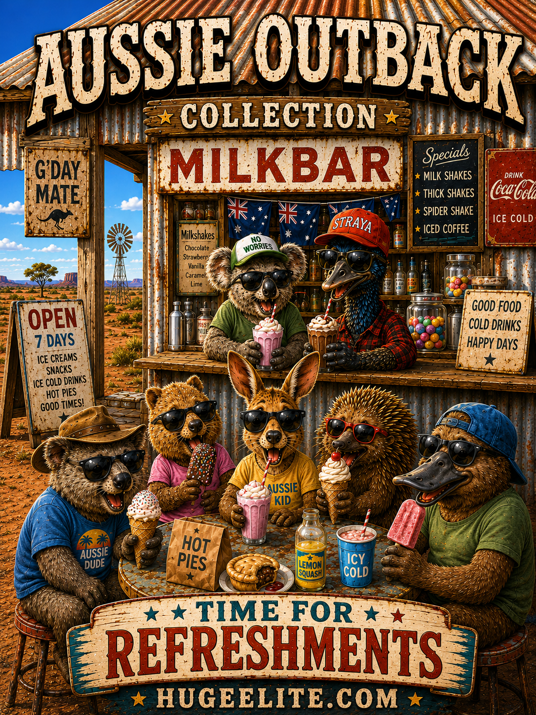 Huge Elite Aussie Outback Refreshments logo, cool Australian animals sharing drinks at a rustic bush bar, kangaroo and emu with sunglasses, red dust landscape background, kids outback squad social design.