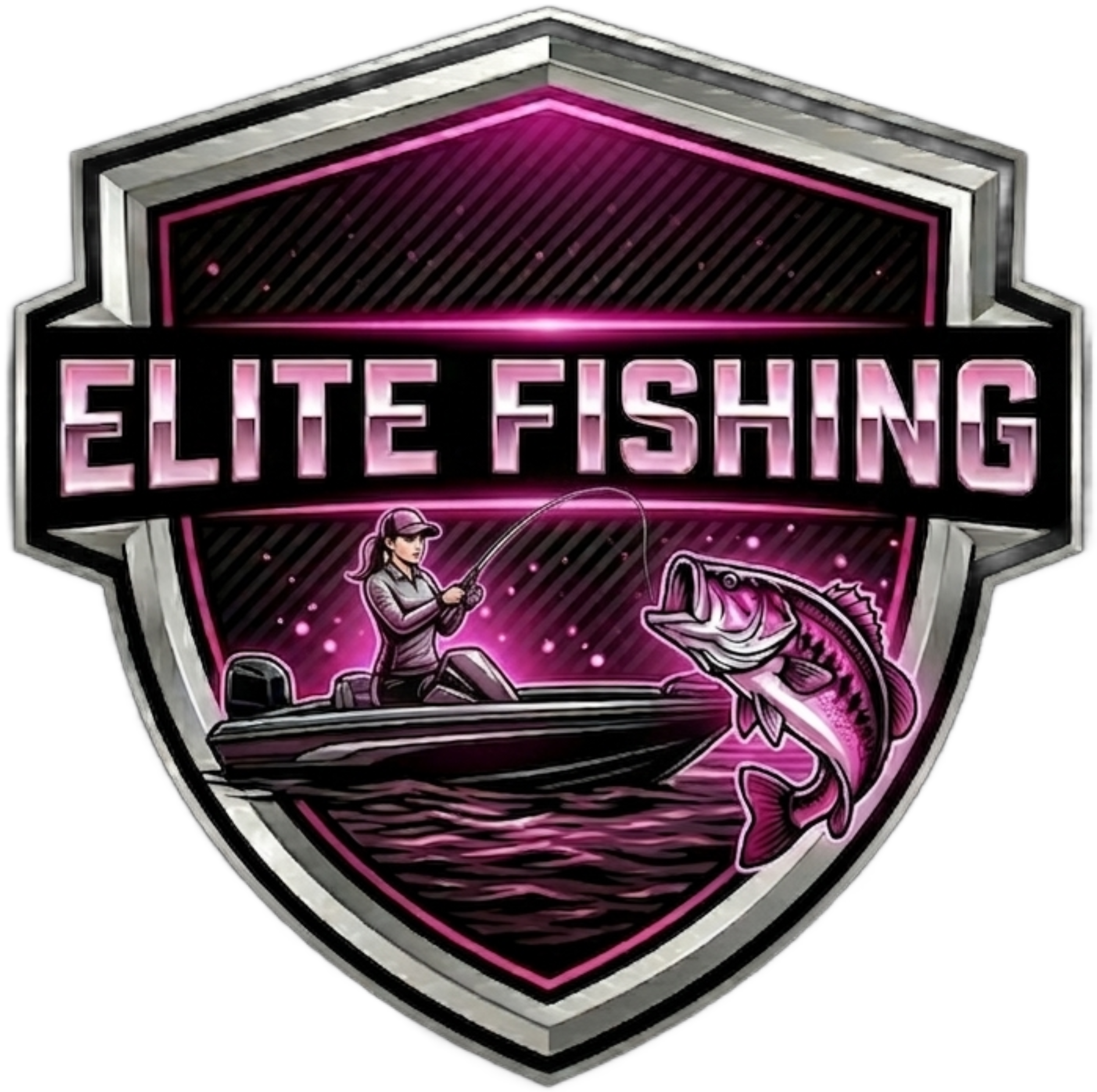 Neon sign with the words "ELITE FISHING" and an illustration of a woman fishing for a large fish in a boat, with a black background.