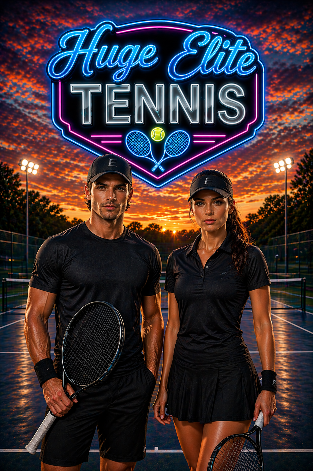 HUGE ELITE TENNIS players male and female in black gear on court at sunset, neon HUGE ELITE TENNIS sign, athletic male and female holding rackets, glowing blue and pink neon logo, wet court reflections, premium sportswear aesthetic