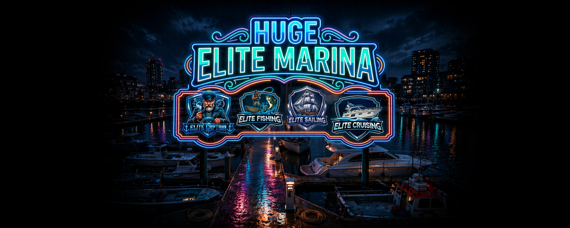 Colorful neon sign advertising 'Huge Elite Marina' with icons for fishing, sailing, cruising, and a captain at night with boats docked.