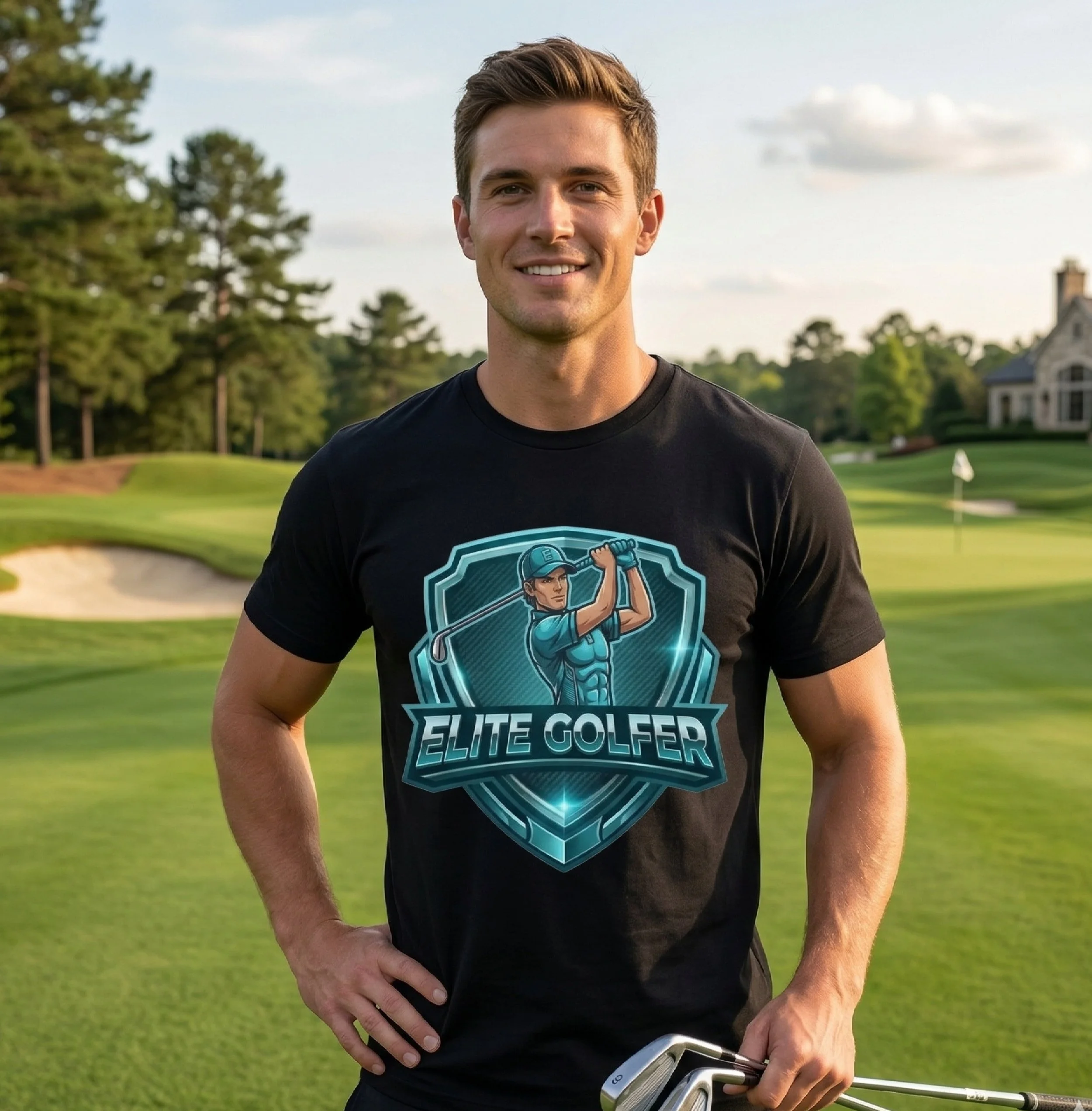 A smiling man on a lush golf course in a premium black shirt with a huge metallic cyan "ELITE GOLFER" logo, holding golf clubs. The scene is high-end global lifestyle.