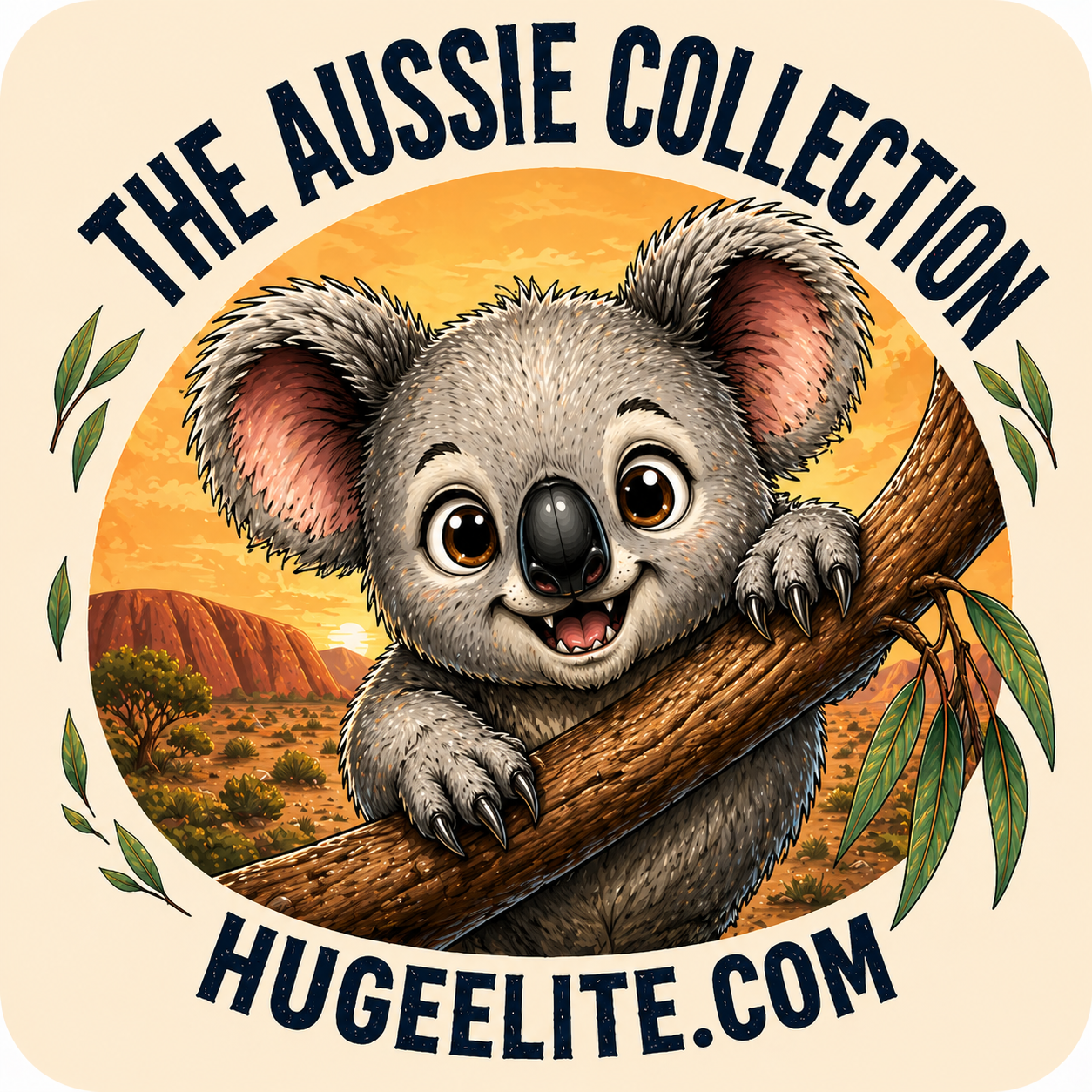 A circular logo of a smiling koala on a tree branch with a golden outback sunset and Uluru in the background, framed by cream-colored borders.