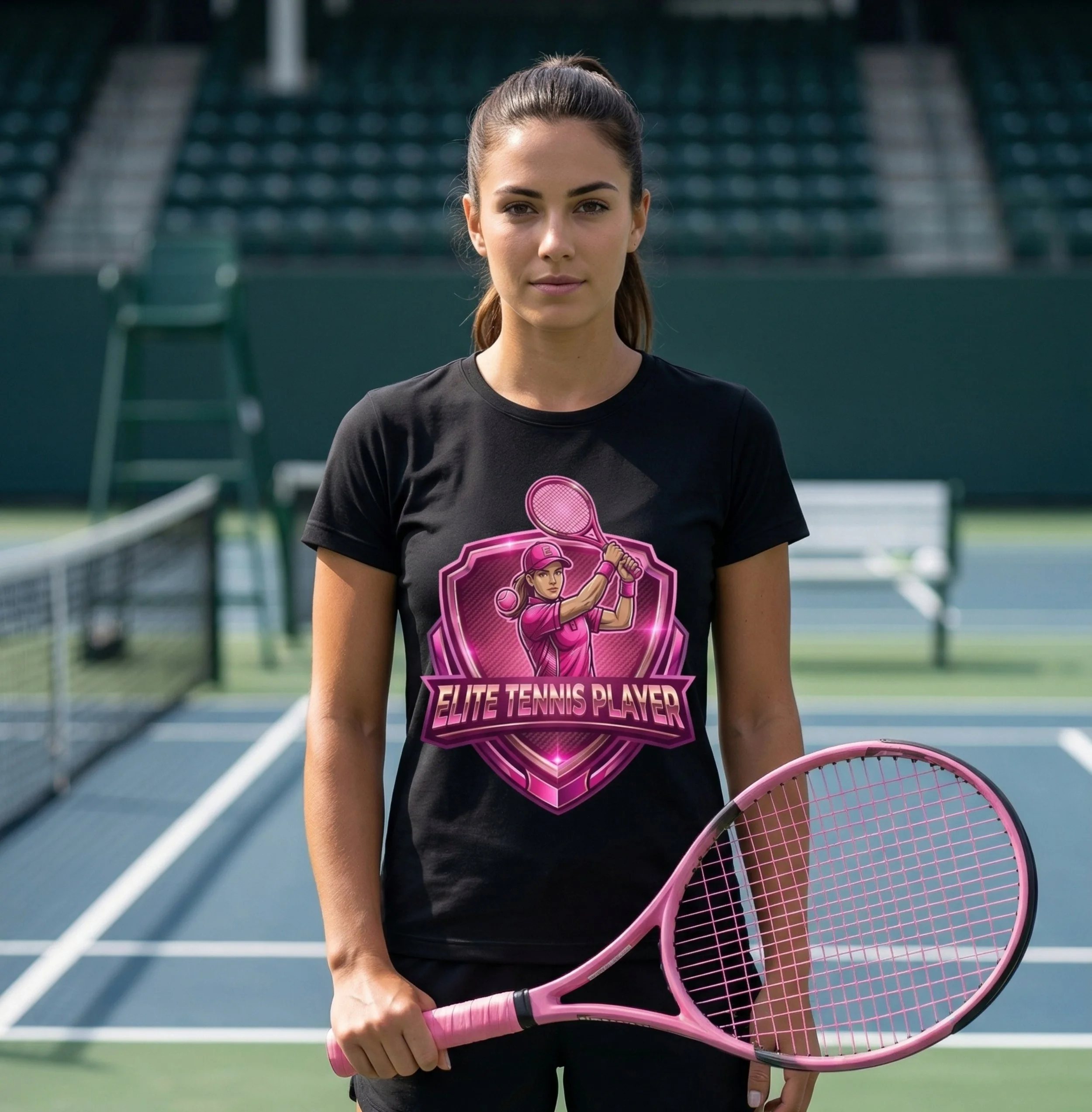A young woman with brown hair tied in a ponytail holding a pink tennis racket, wearing a black T-shirt with a pink graphic of a female tennis player and the text "Elite Tennis Player," standing on a tennis court.