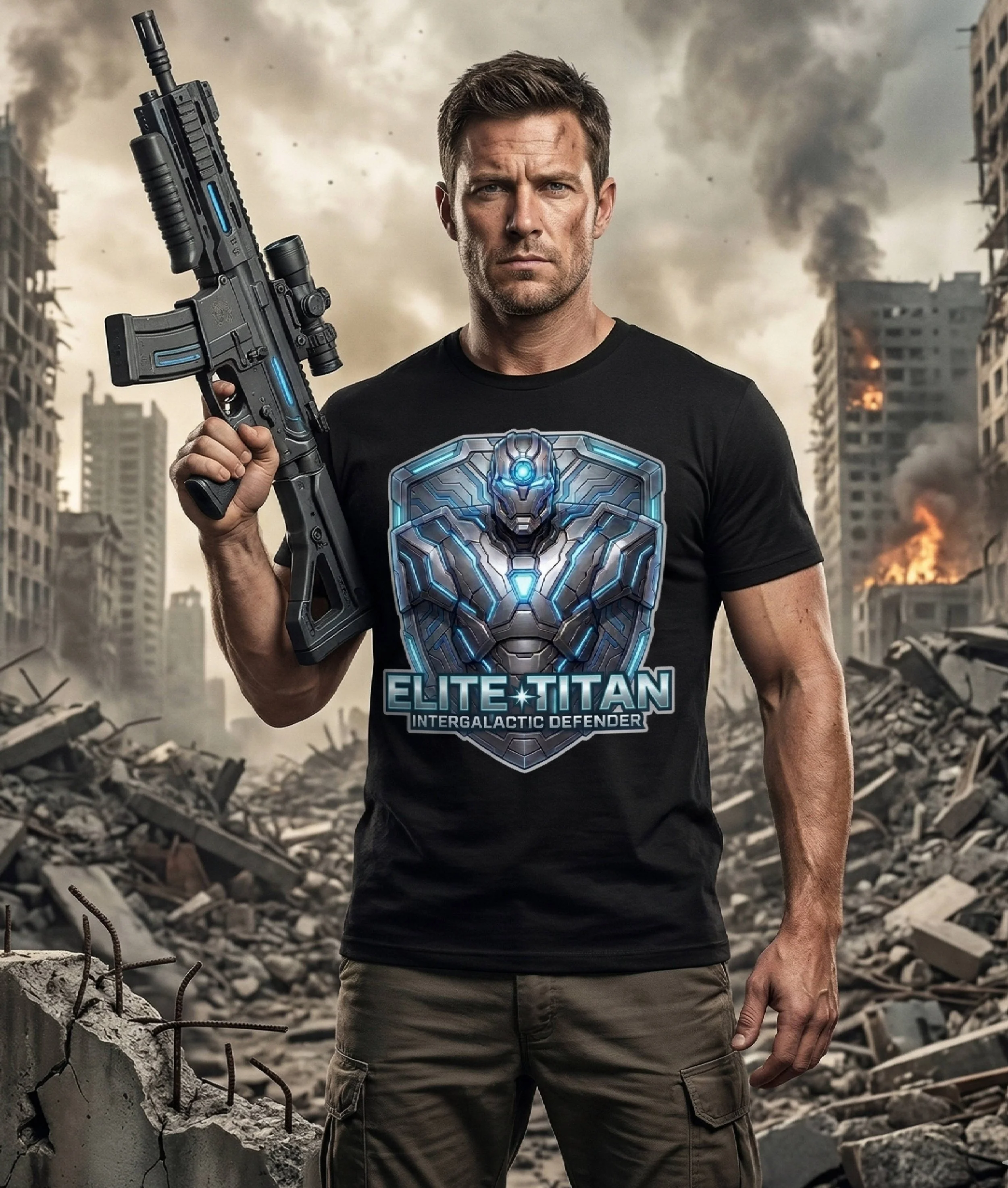 A man holding a futuristic gun in a destroyed city with smoke and fire in the background. The man is wearing a black t-shirt with a robotic design and cargo shorts.
