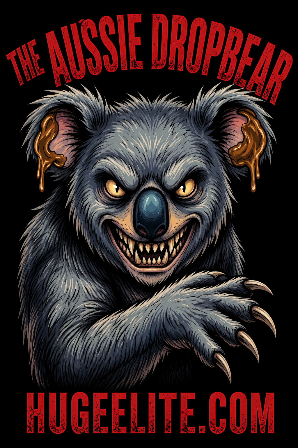 A high-impact graphic of a fierce, sharp-toothed "Aussie Dropbear" with glowing eyes and long claws against a solid black background, featuring bold red "Huge Elite" branding.
