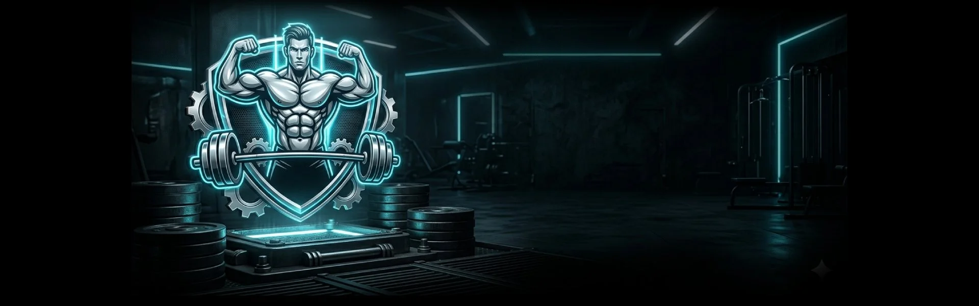Neon-lit digital illustration of a muscular man posing with arms flexed in a gym.