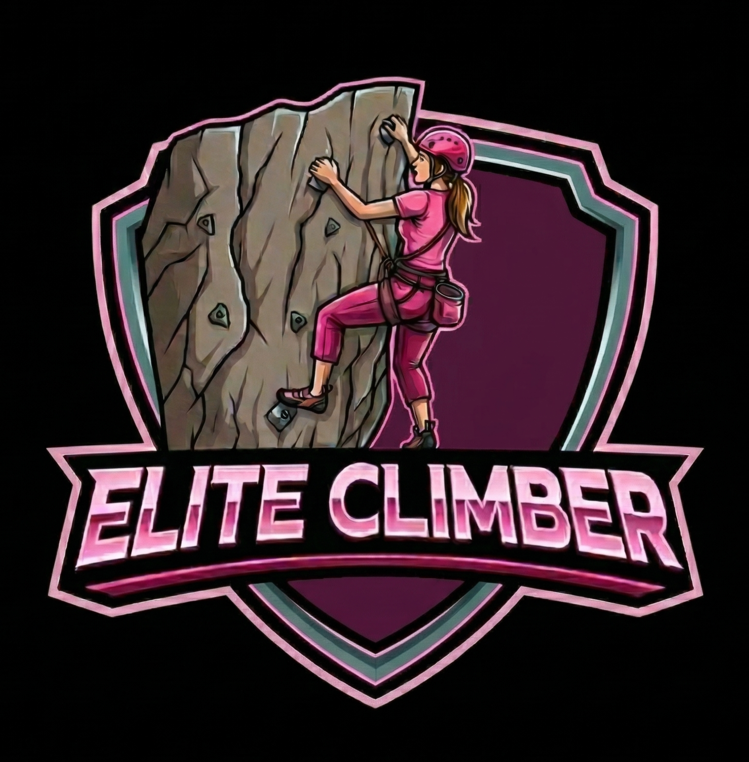 ELITE CLIMBER // METALLIC SHIELD LOGO, HOT PINK AND SILVER NEON ACCENTS, FEMALE ROCK CLIMBER ICON, SOLID BLACK BACKGROUND.