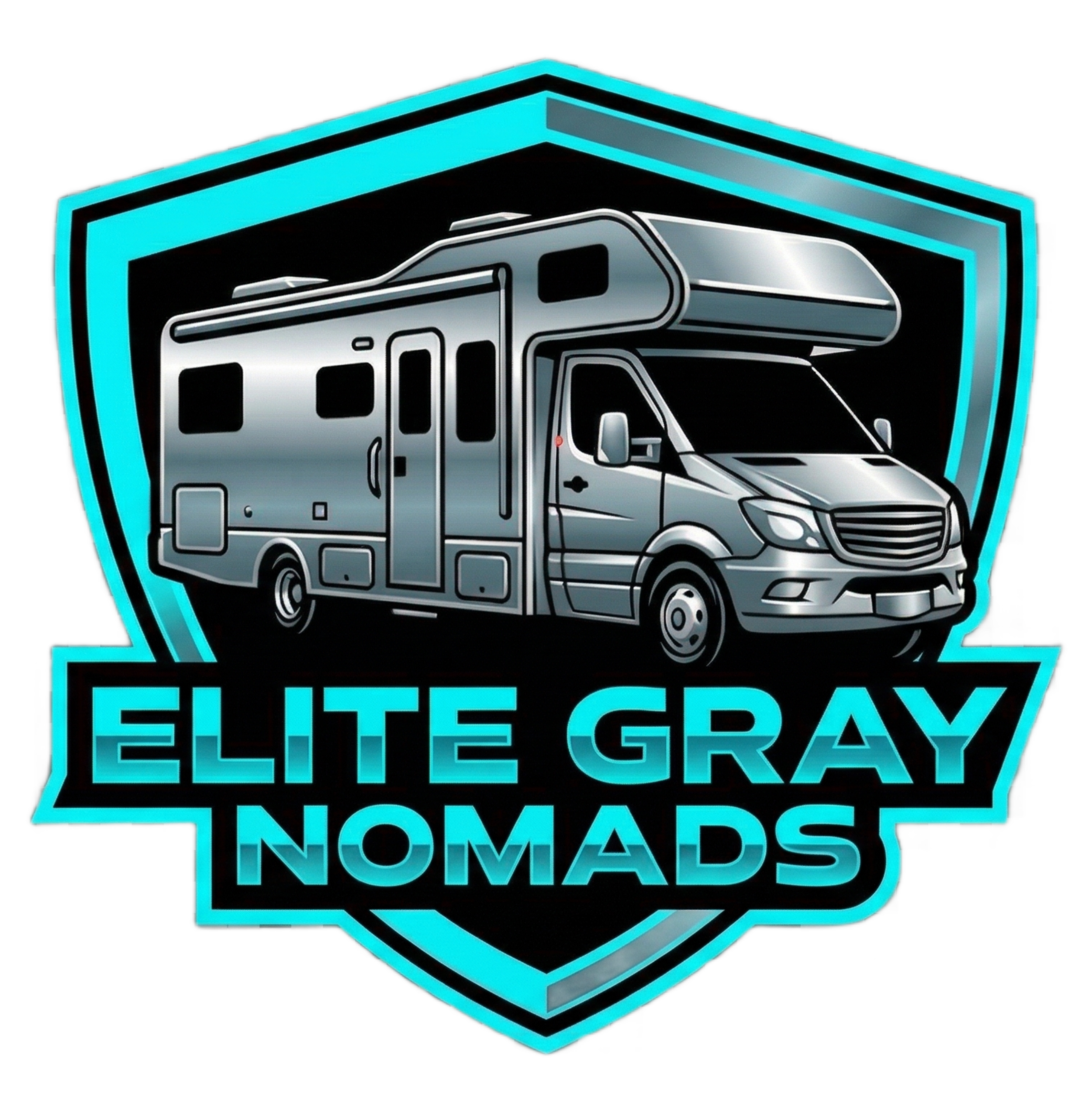 ELITE GRAY NOMADS // METALLIC SHIELD LOGO, CYAN AND SILVER NEON ACCENTS, MOTORHOME ILLUSTRATION, HIGH-IMPACT SILVER TEXT, SOLID BLACK BACKGROUND.