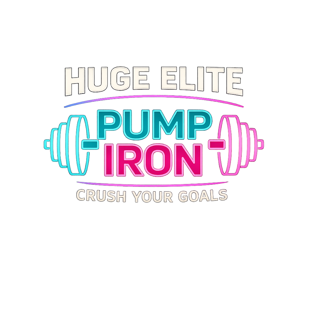 ELITE PUMP IRON // NEON BARBELL AND WEIGHTS SIGN, CYAN AND PINK GLOWING TEXT, "HUGE ELITE" AND "CRUSH YOUR GOALS" HEADERS, BLACK BACKGROUND.