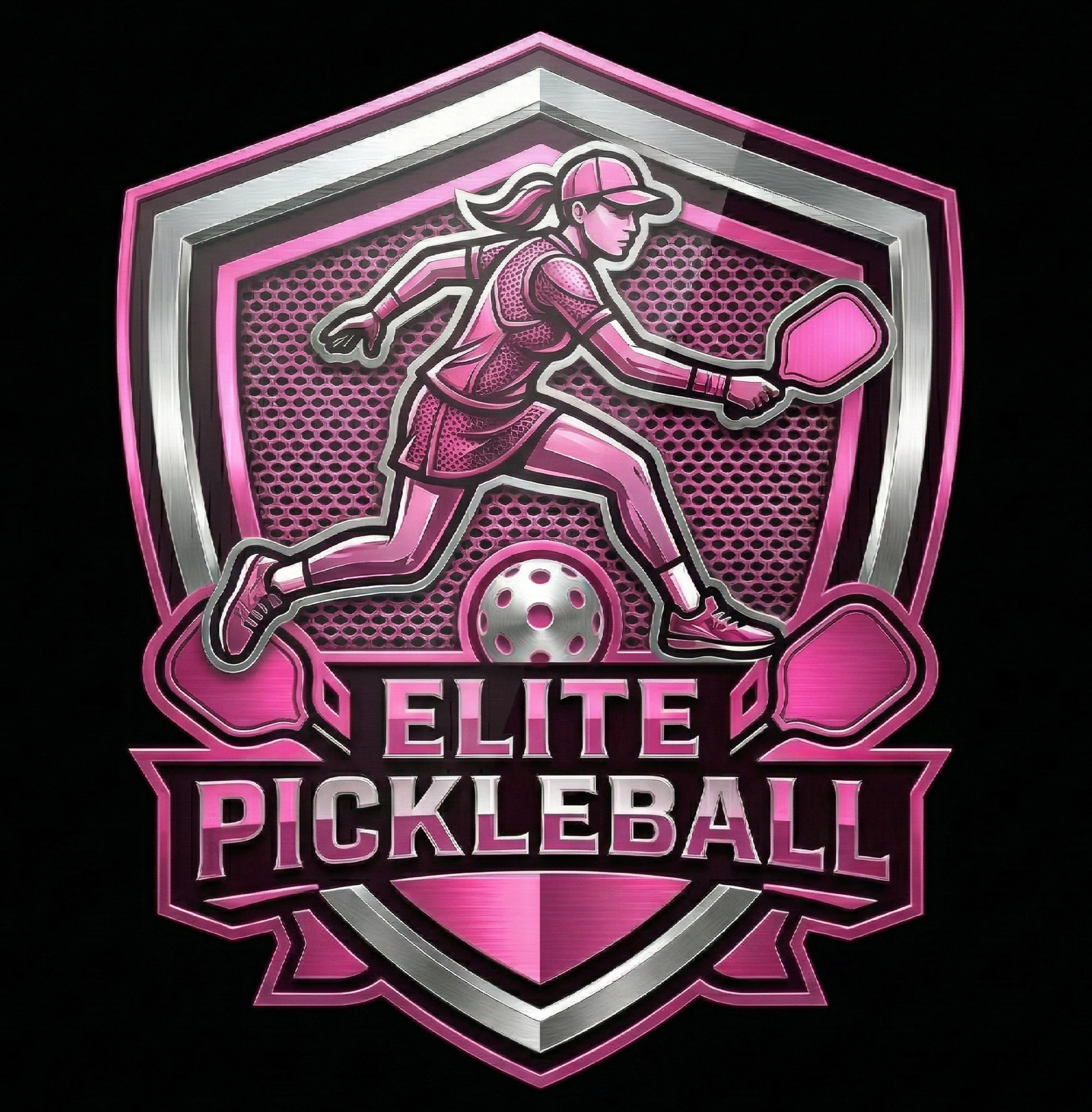ELITE PICKLEBALL // FEMALE ATHLETE SMILING, BLACK T-SHIRT WITH HOT PINK AND SILVER NEON LOGO, MULTIPLE BRANDED MOCKUPS, SOLID BLACK BACKGROUND.