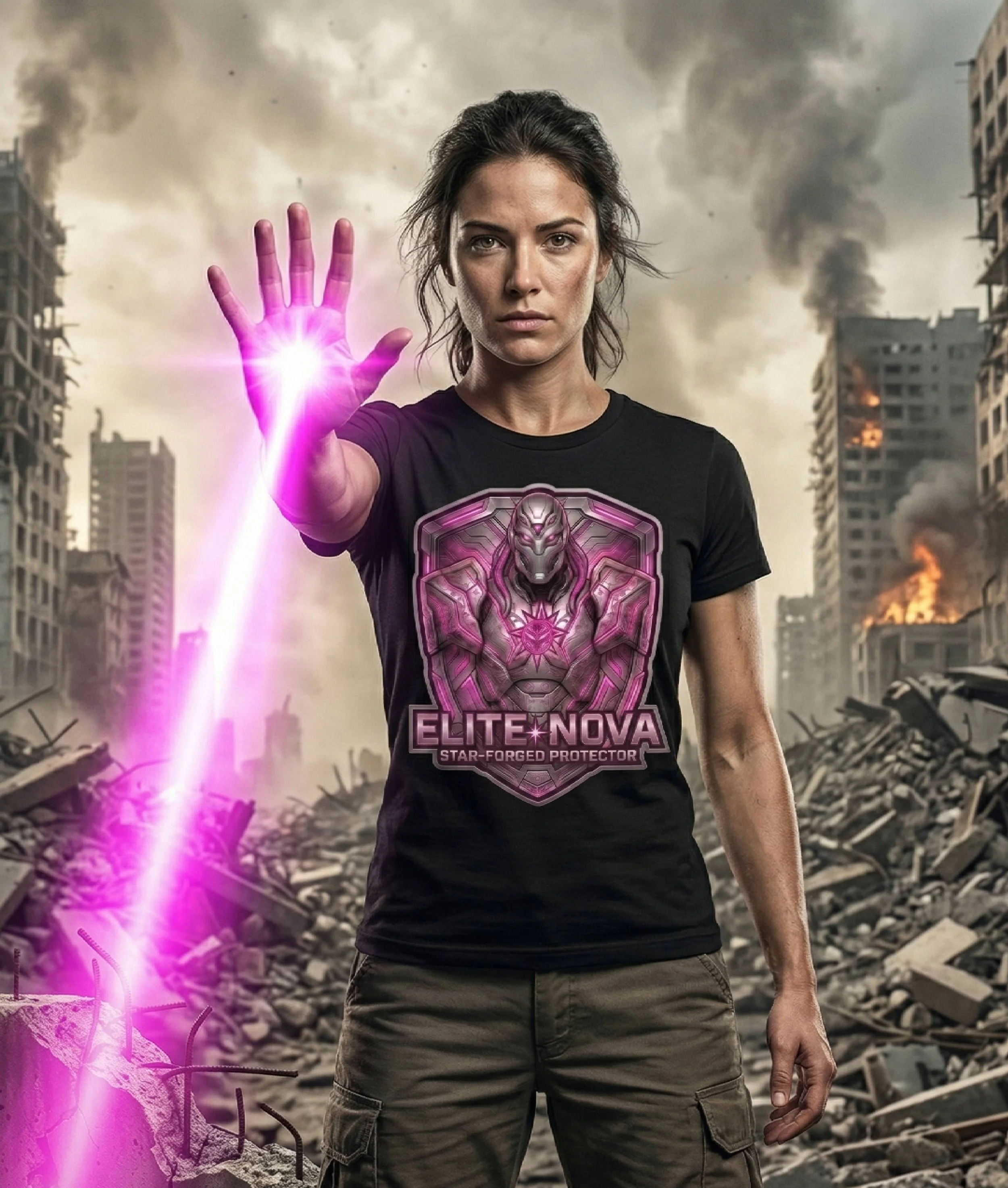 Elite Nova Vanguard Command photo, woman in war-torn city landscape, metallic hot pink and silver protector logo, emitting powerful pink energy beam, Huge Elite resistance apparel branding
