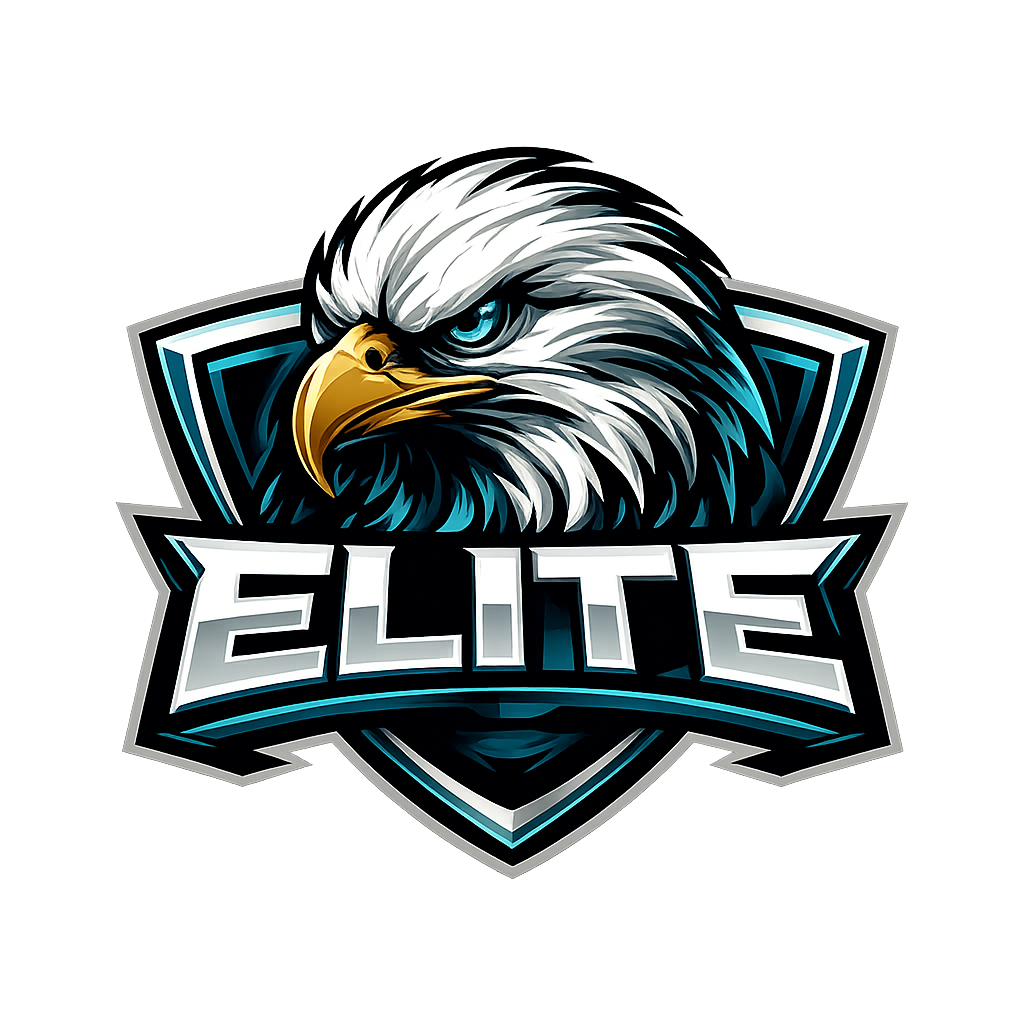 High-definition metallic eagle logo, sharp gaze with glowing cyan eye and gold beak, silver and cyan-blue neon shield, 3D metallic ELITE block lettering, clean high-contrast border design
