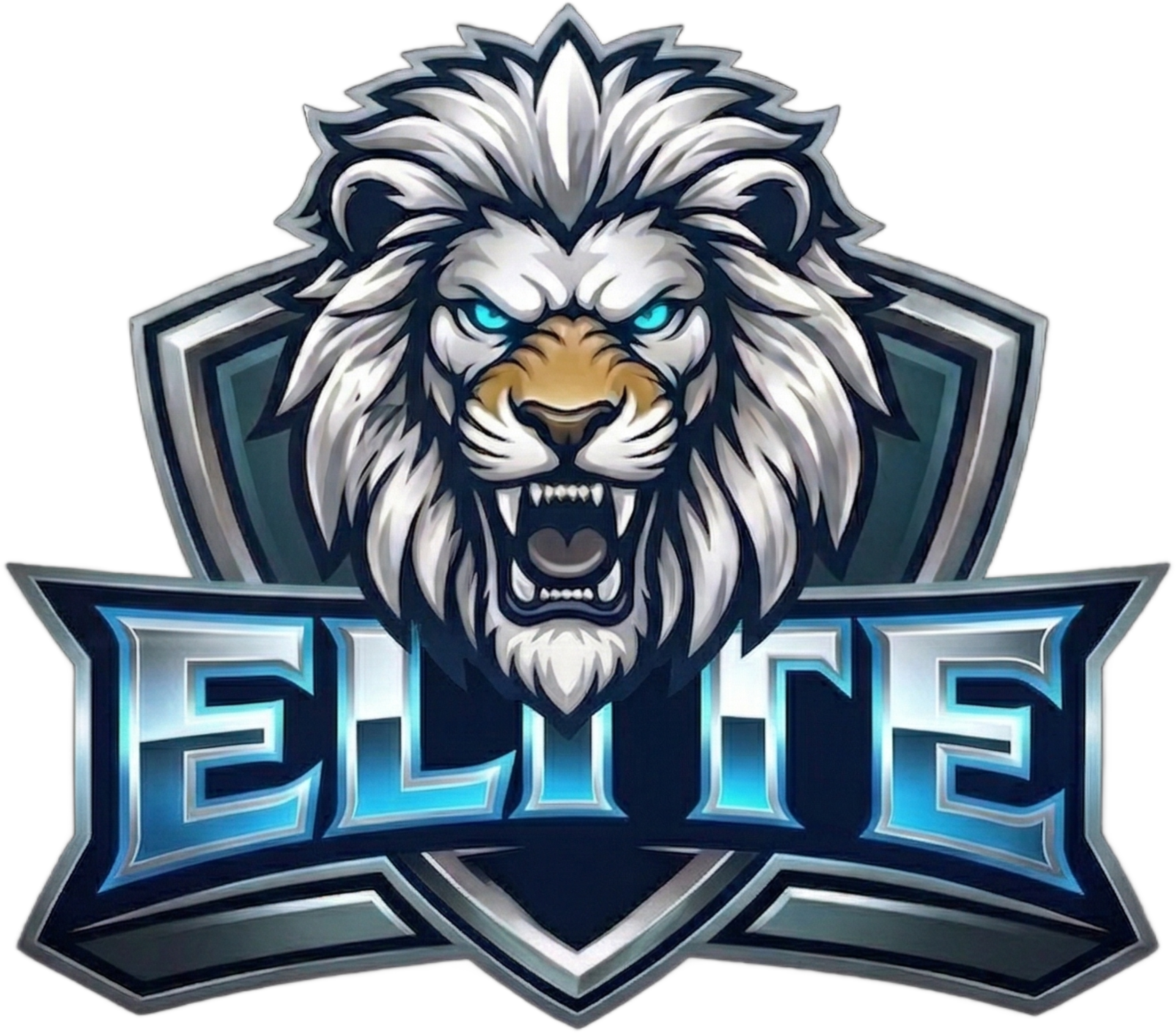 Majestic lion head logo, white and silver mane with glowing cyan-blue eyes, metallic silver and gunmetal shield, bold ELITE chrome gradient lettering, clean premium branding, high-definition black background